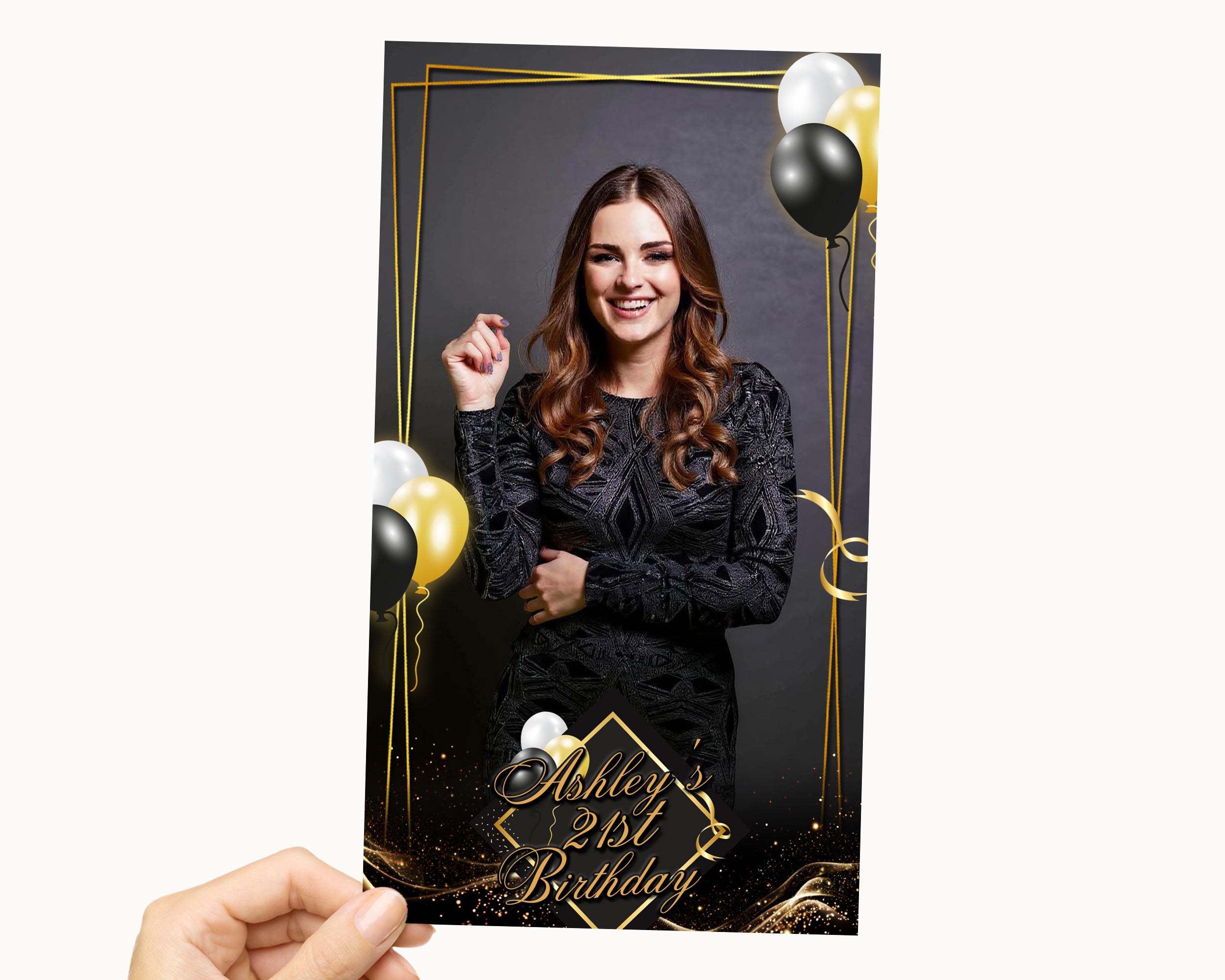 Birthday photobooth template 4x6 black white and gold balloons birthday mirror photo booth template
