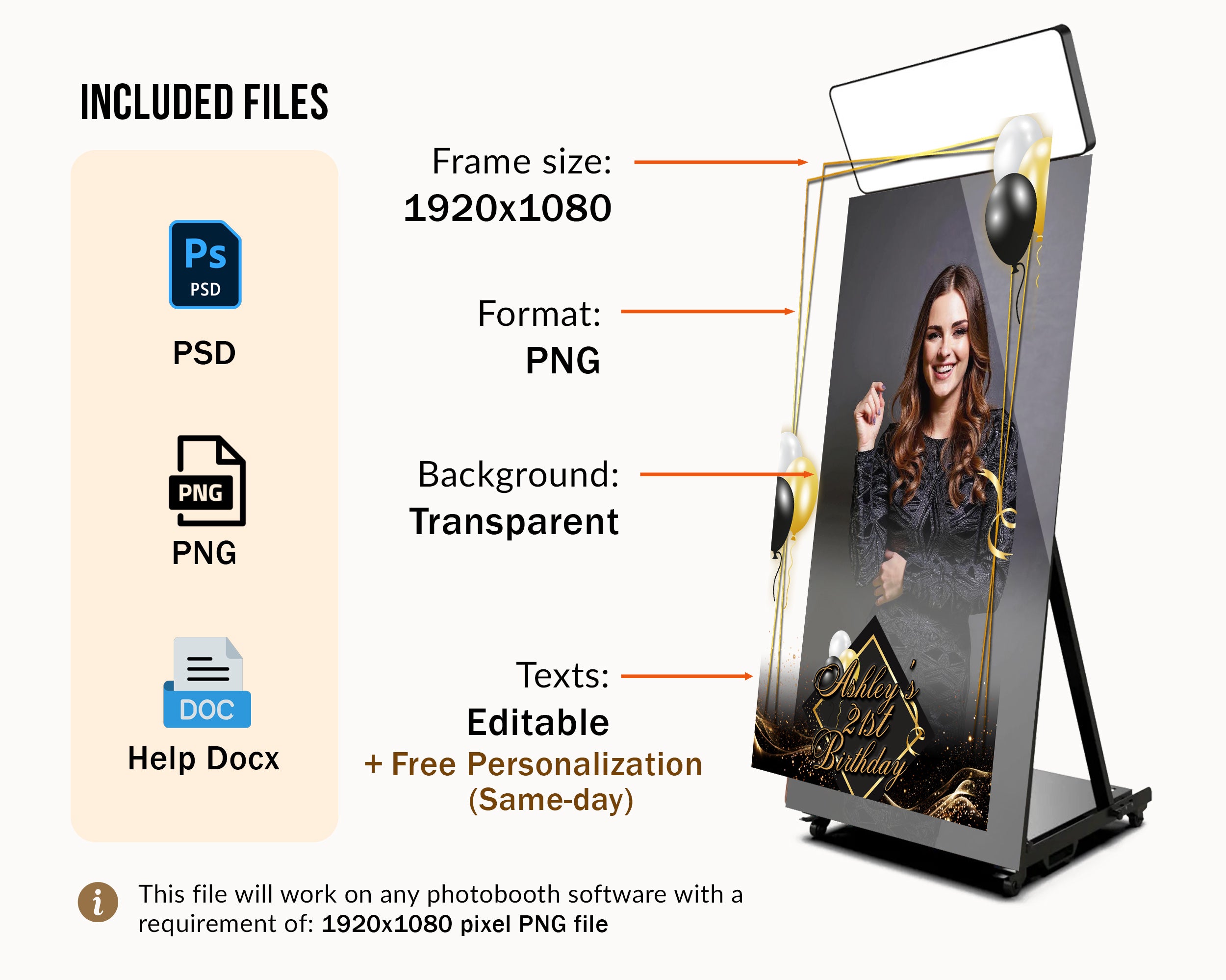 Birthday photobooth template 4x6 black white and gold balloons birthday mirror photo booth template