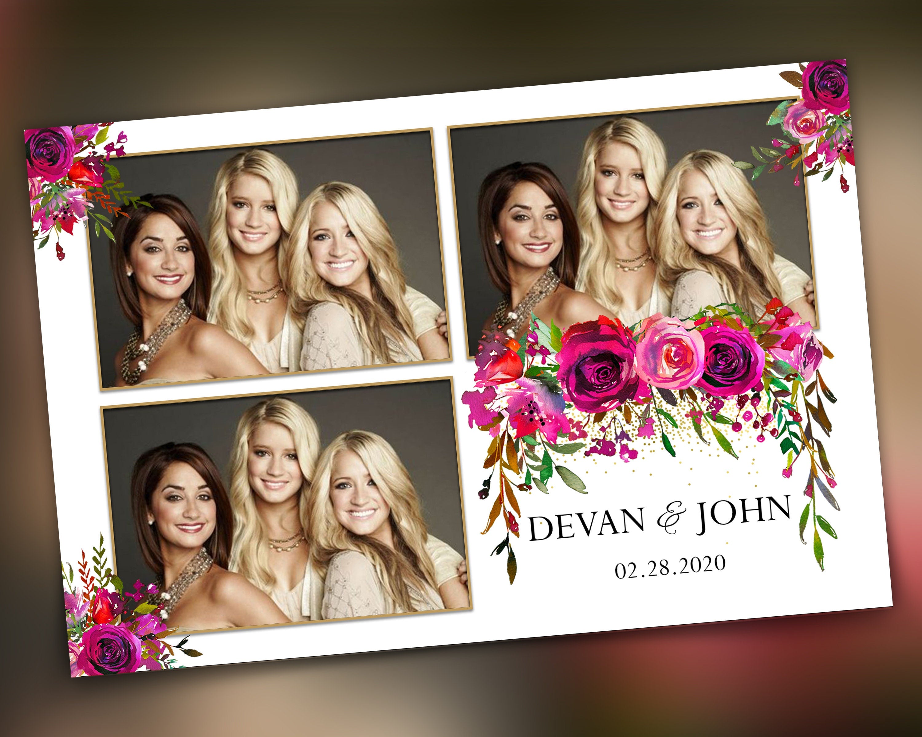 Floral Bridal Wedding Quinceanera Sweet Sixteen 16 Photobooth Template photo booth 4x6 protrait Black Rose Red Pink