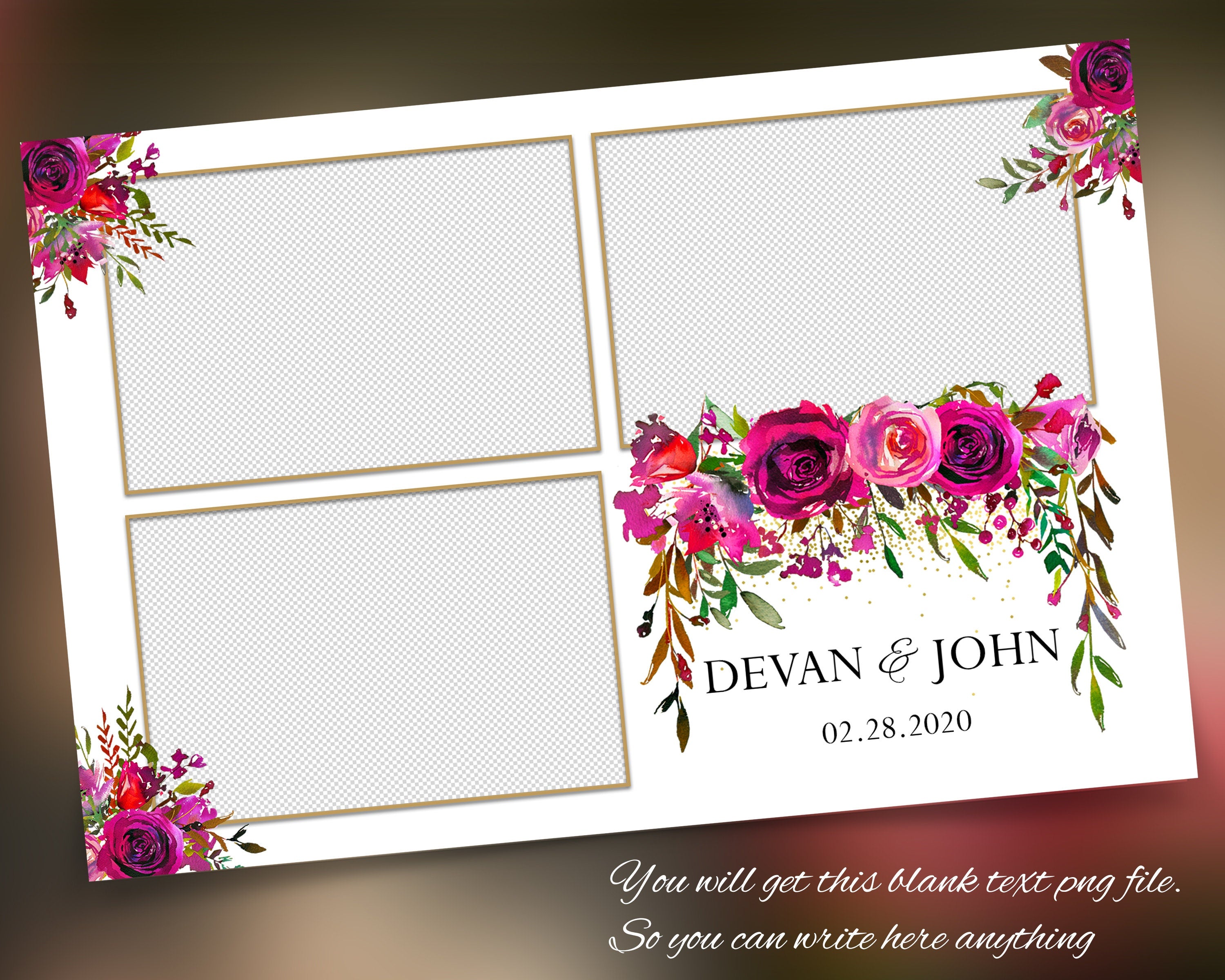 Floral Bridal Wedding Quinceanera Sweet Sixteen 16 Photobooth Template photo booth 4x6 protrait Black Rose Red Pink