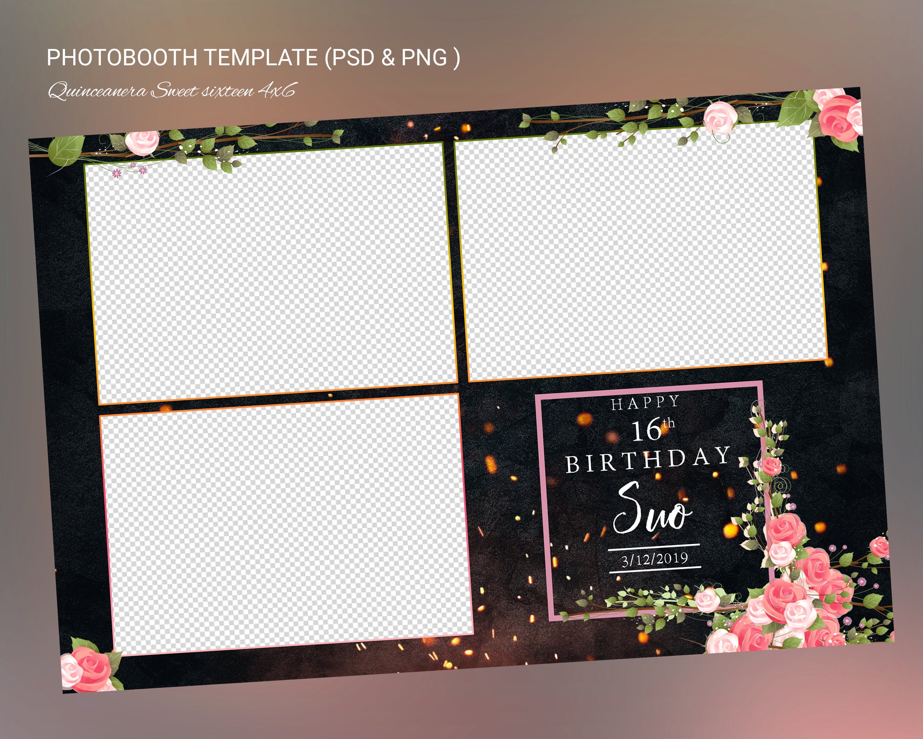 Photobooth Template Birthday Quinceanera Sweet Sixteen floral sweet 16 Photobooth Template 4x6 photo booth