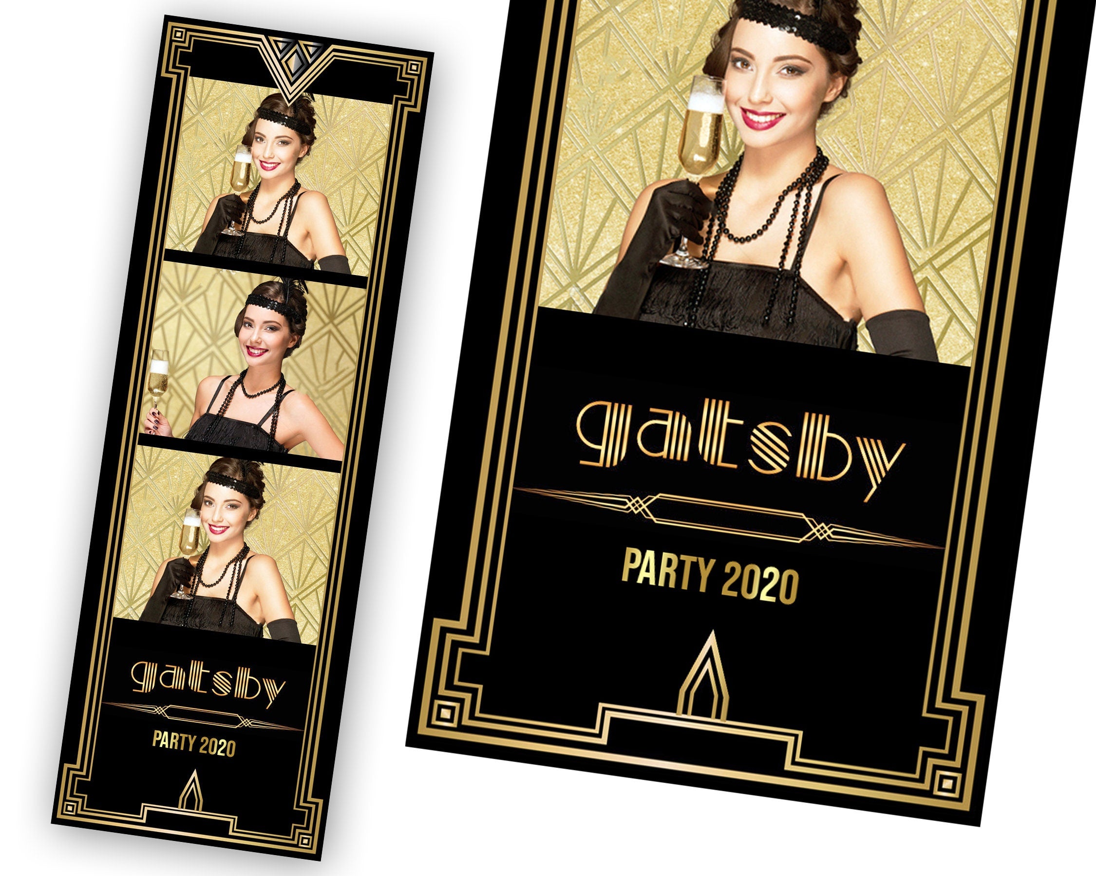 The Great Gatsby Photobooth Template Art Deco Black Gold Foil Wedding Geometric 1920s Photo Booth 2x6, Gatsby