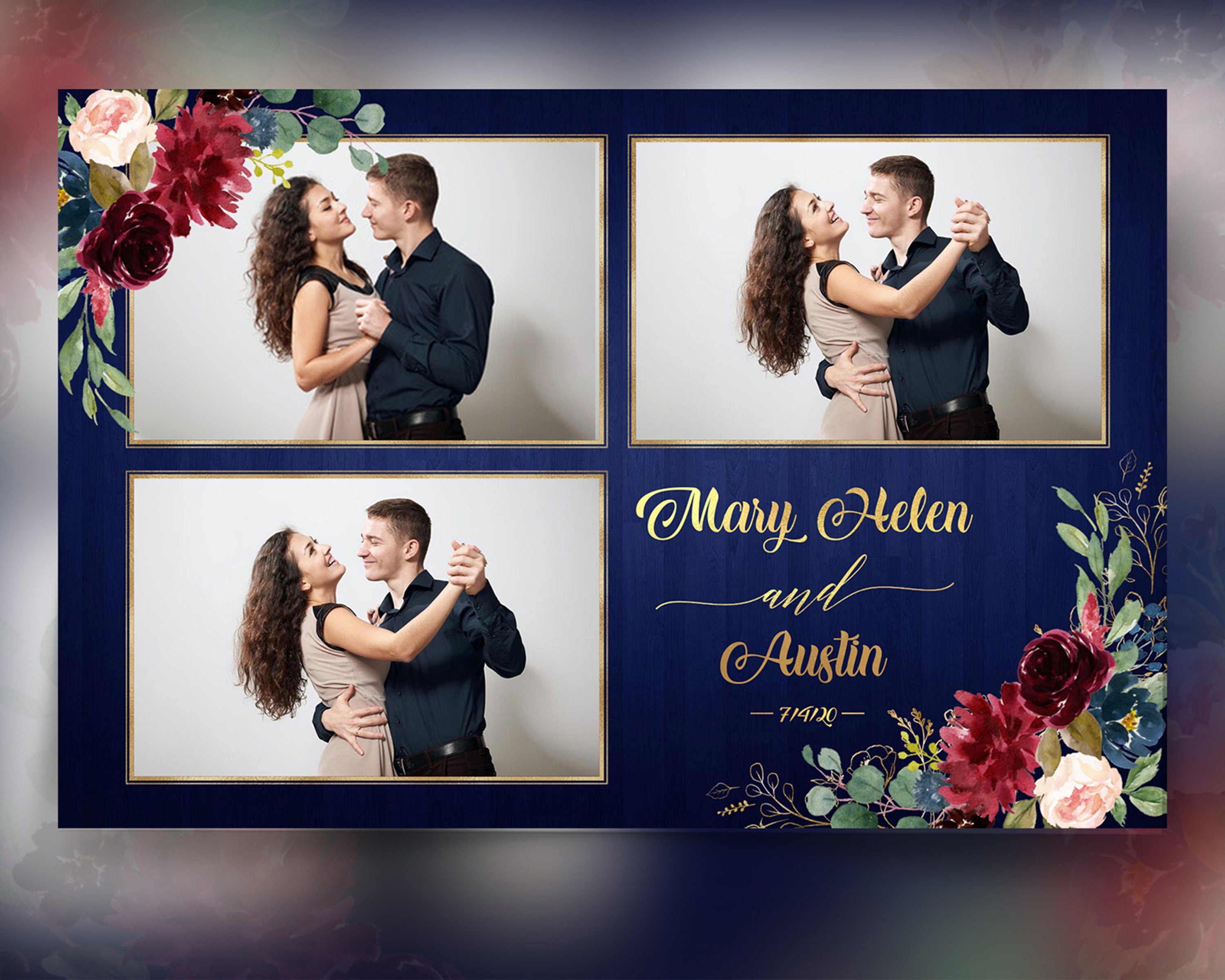 Wedding Photo Booth Template, Burgundy and Gold Floral Leaves Photobooth Template, 4x6 Wedding Photo booth Template
