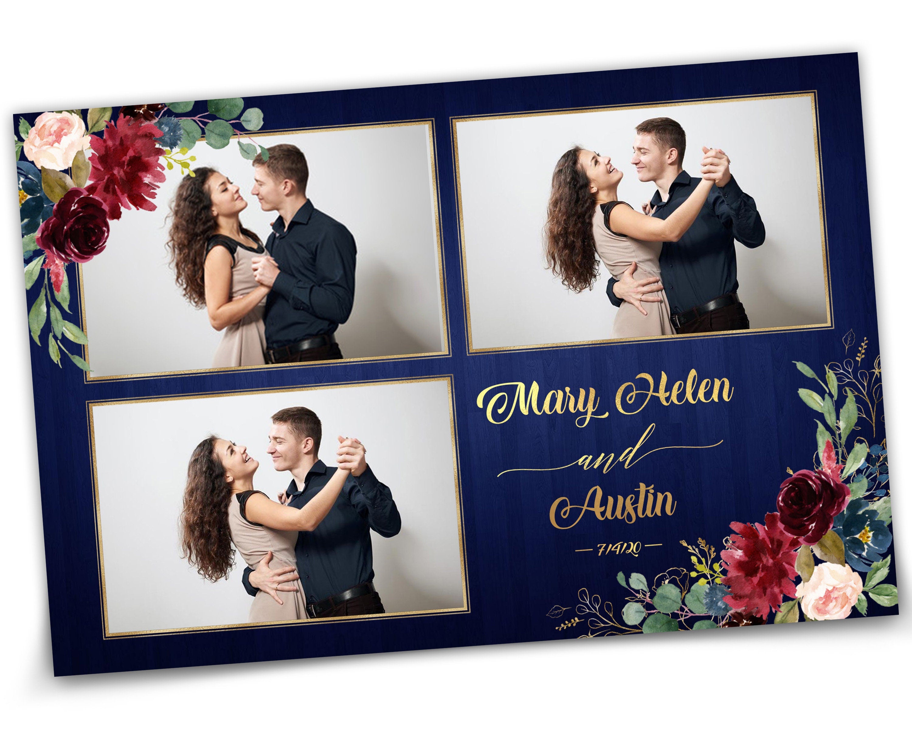 Wedding Photo Booth Template, Burgundy and Gold Floral Leaves Photobooth Template, 4x6 Wedding Photo booth Template