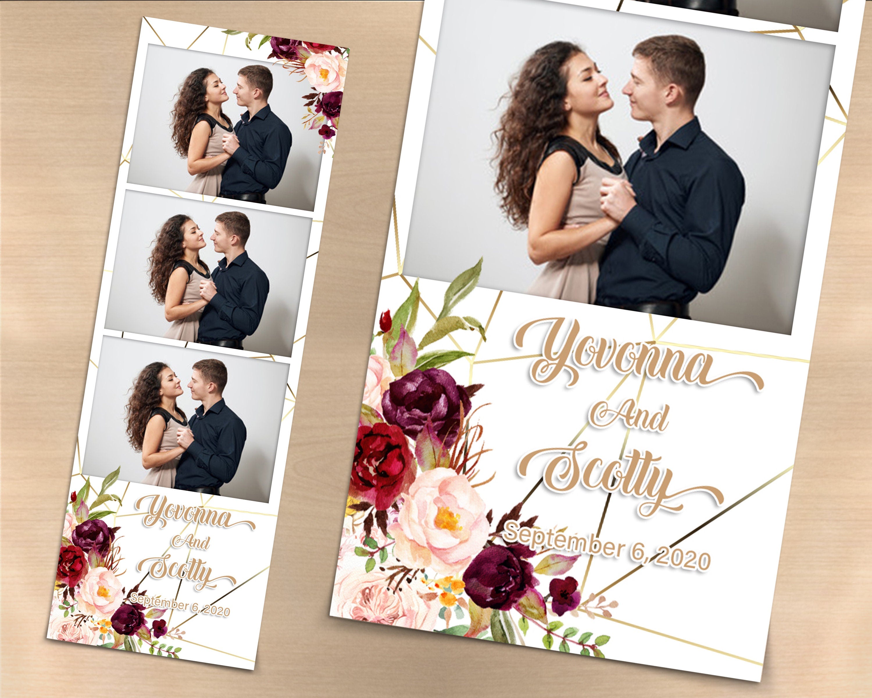 Wedding Bridal Shower Sweet 16 Floral Anniversary pink rose Photo Booth Template 2x6 Photobooth Template burgundy and blush pink with Font