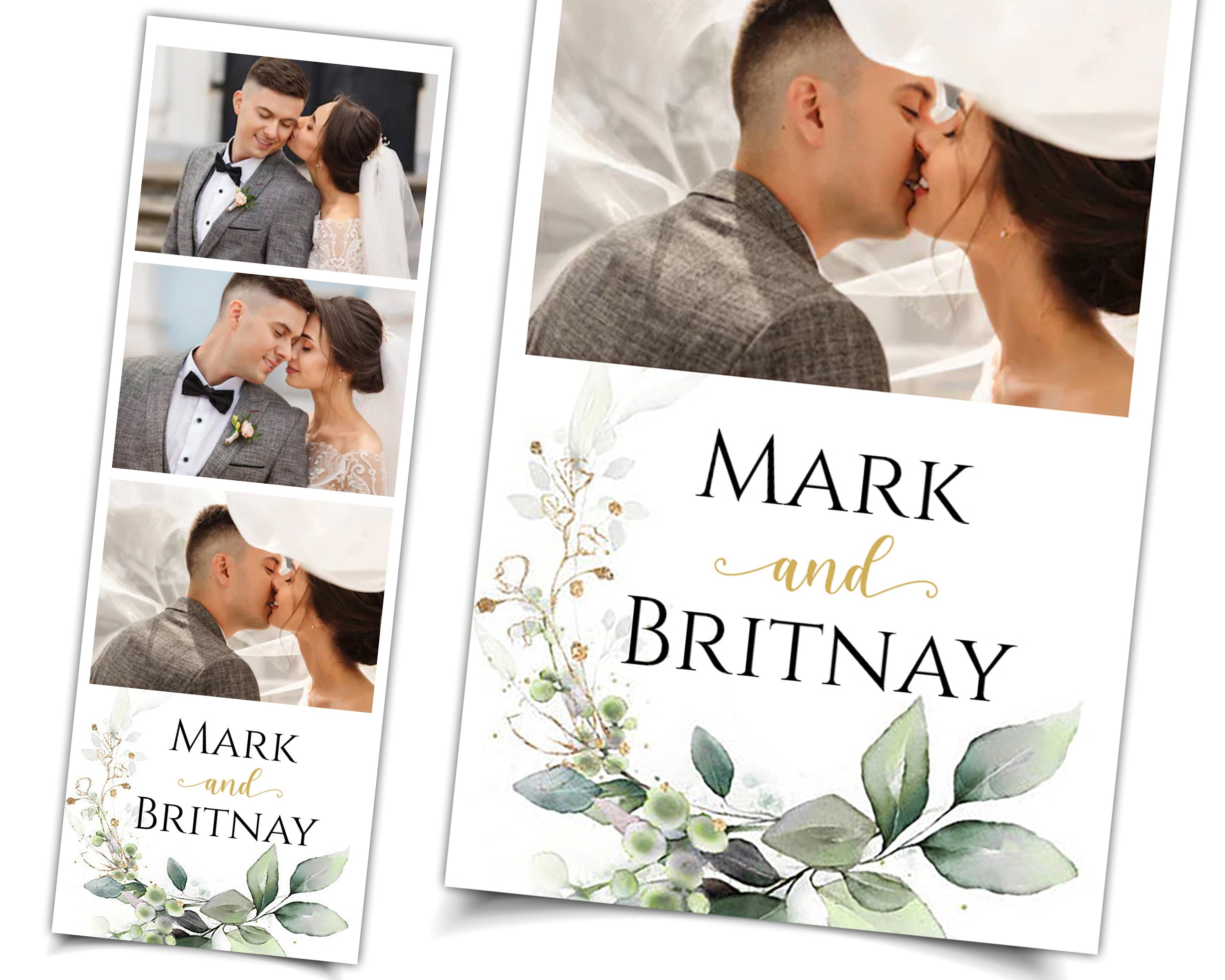 Wedding Bridal Shower green Photobooth Template Floral leaves Anniversary Photo Booth Template 2x6 photo strip botanic watercolor