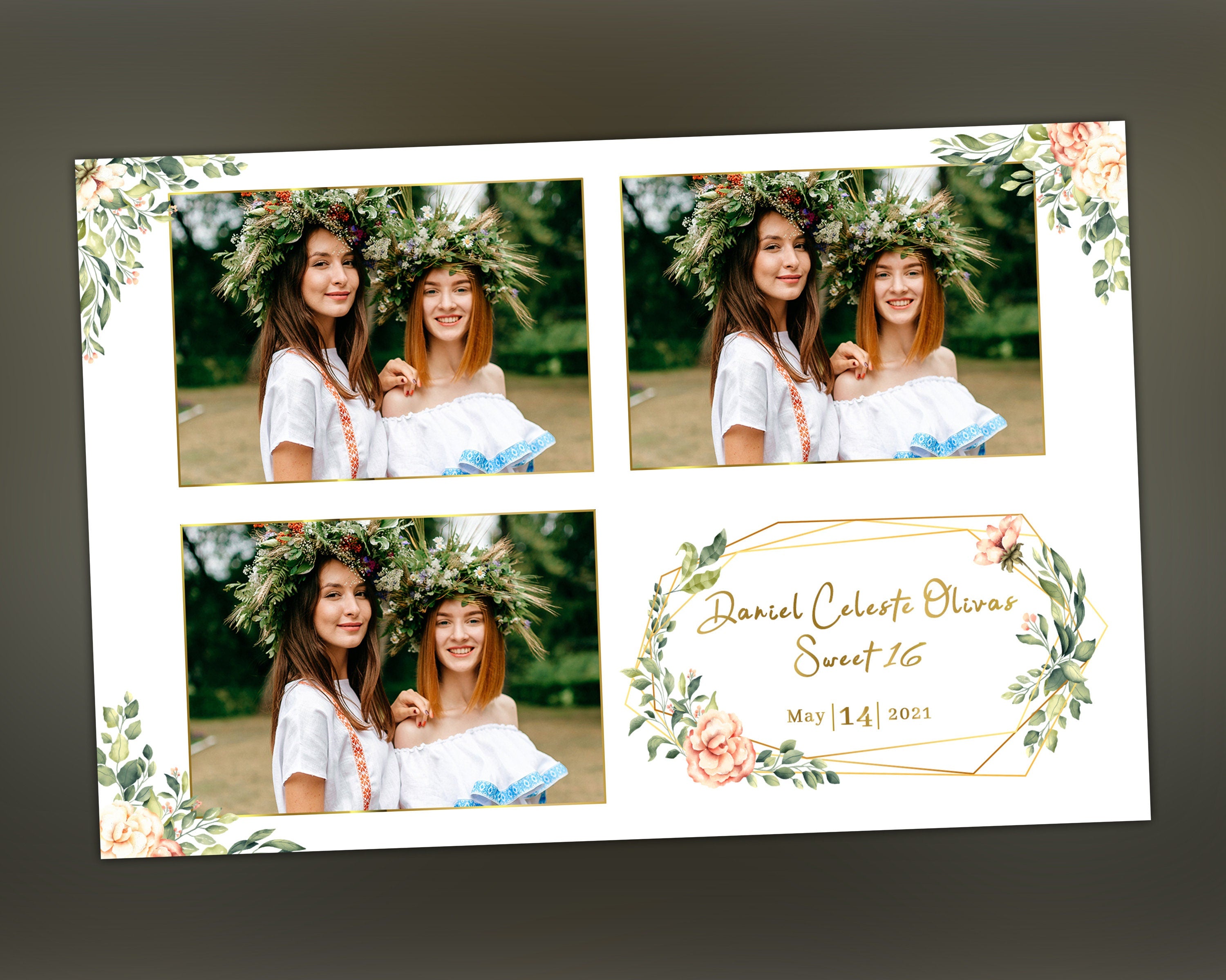 Photo Booth Template for Wedding, Sweet 16, Bridal Shower, Floral Photobooth, Birthday, Greenery, Golden, 4x6, 3 Photos