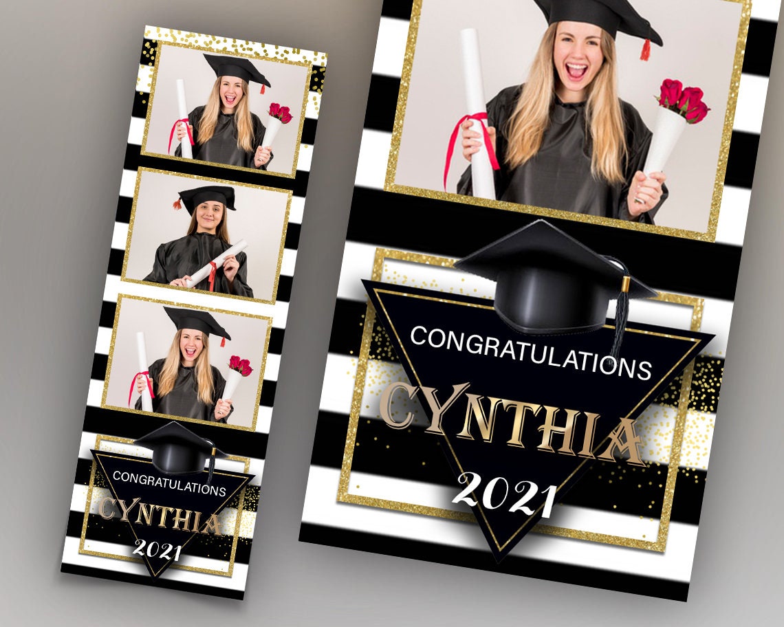 Graduation Party Photobooth template, class of, black gold & white strip 2x6 triple shot photo booth template