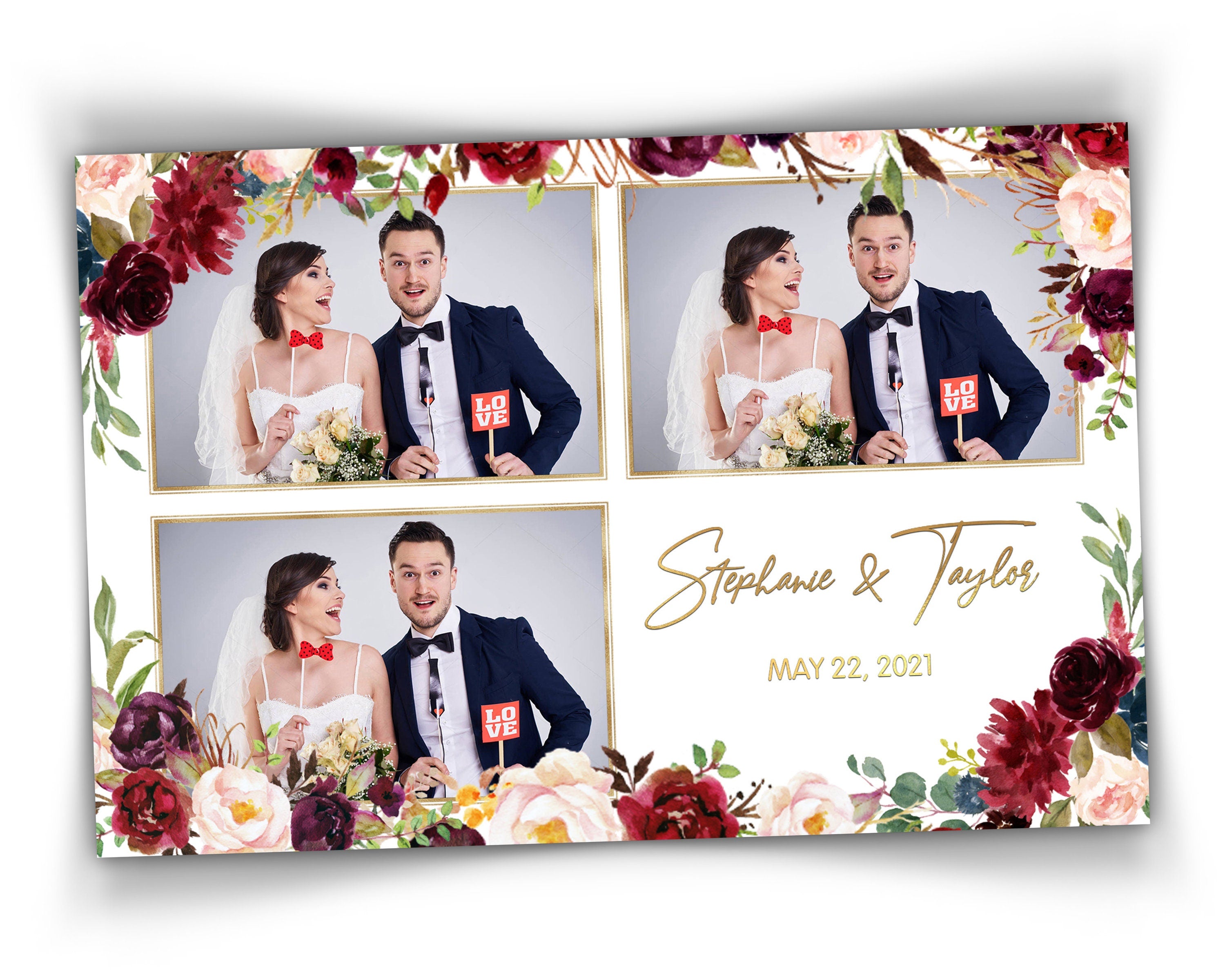 Wedding Photo Booth Template, Burgundy Flowers Photobooth Template, Anniversary, Sweet 16, Birthday, Bridal Shower Party