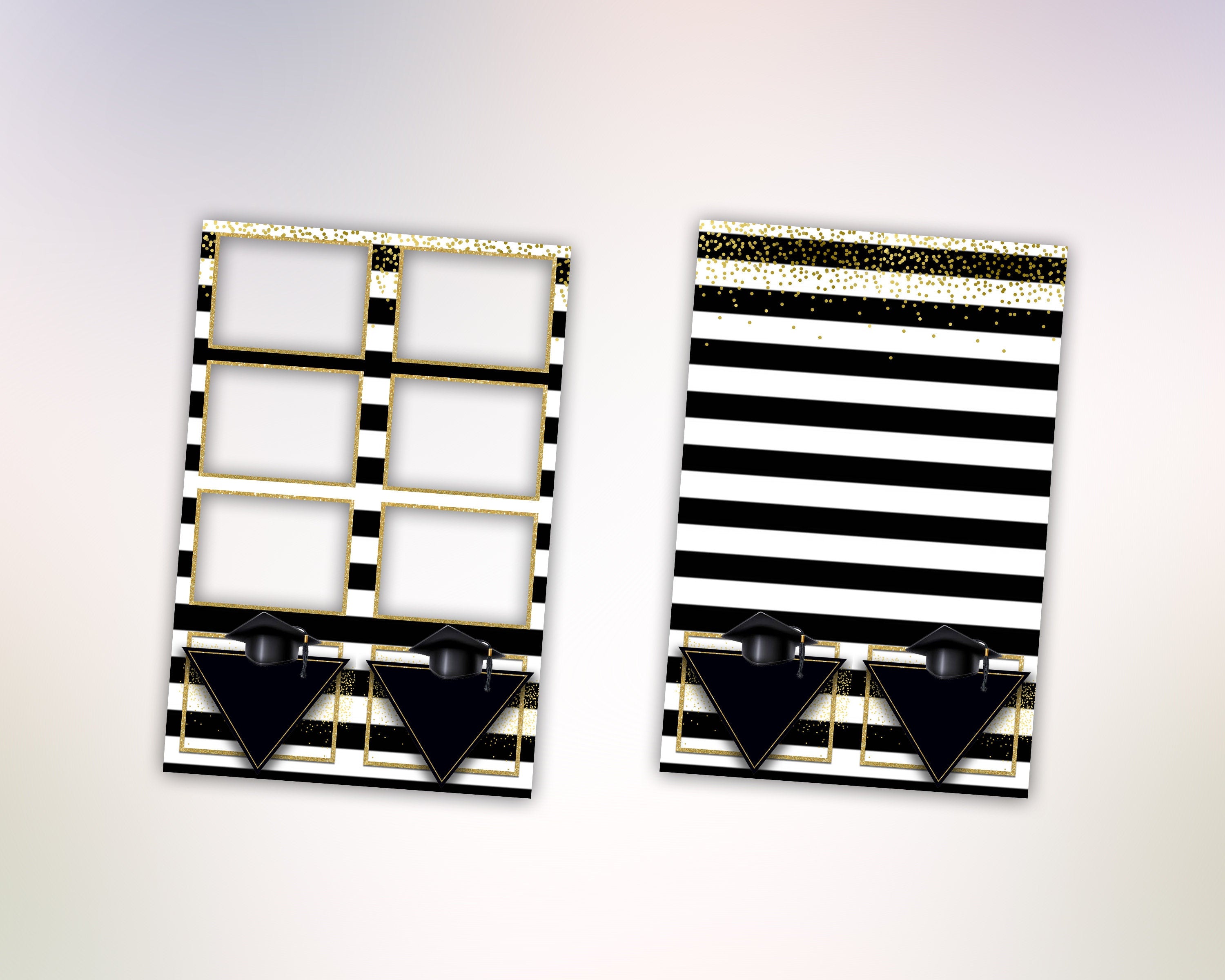 Graduation Party Photobooth template, class of, black gold & white strip 2x6 triple shot photo booth template