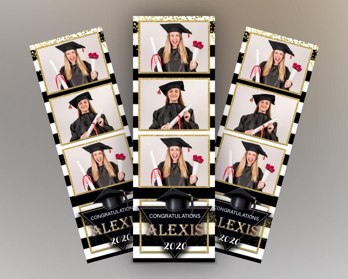 Graduation Party Photobooth template, class of, black gold & white strip 2x6 triple shot photo booth template
