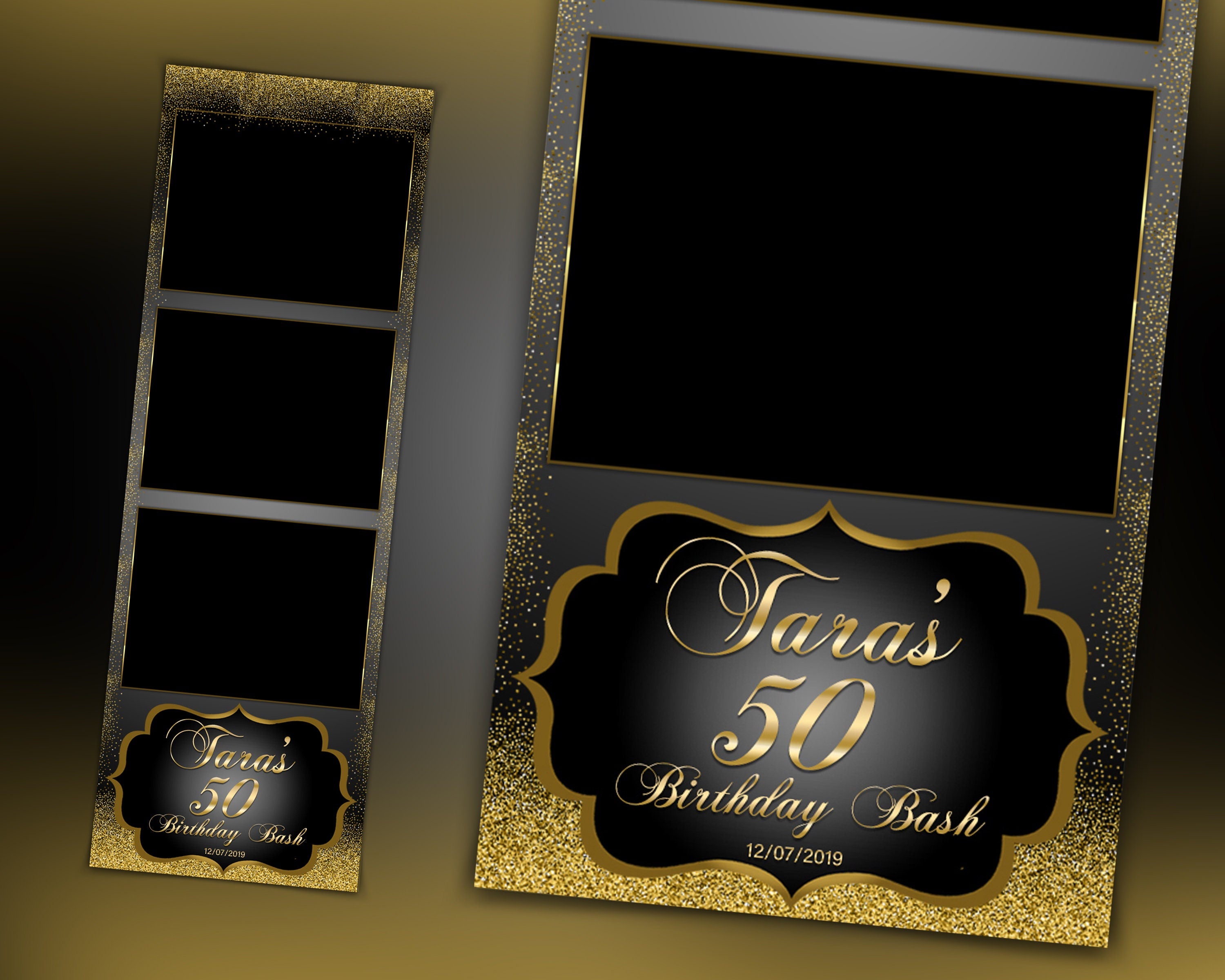 Photobooth Template Gold Glitter, Birthday Gold Bridal Wedding Anniversary 2x6 Strip Photo Booth Template