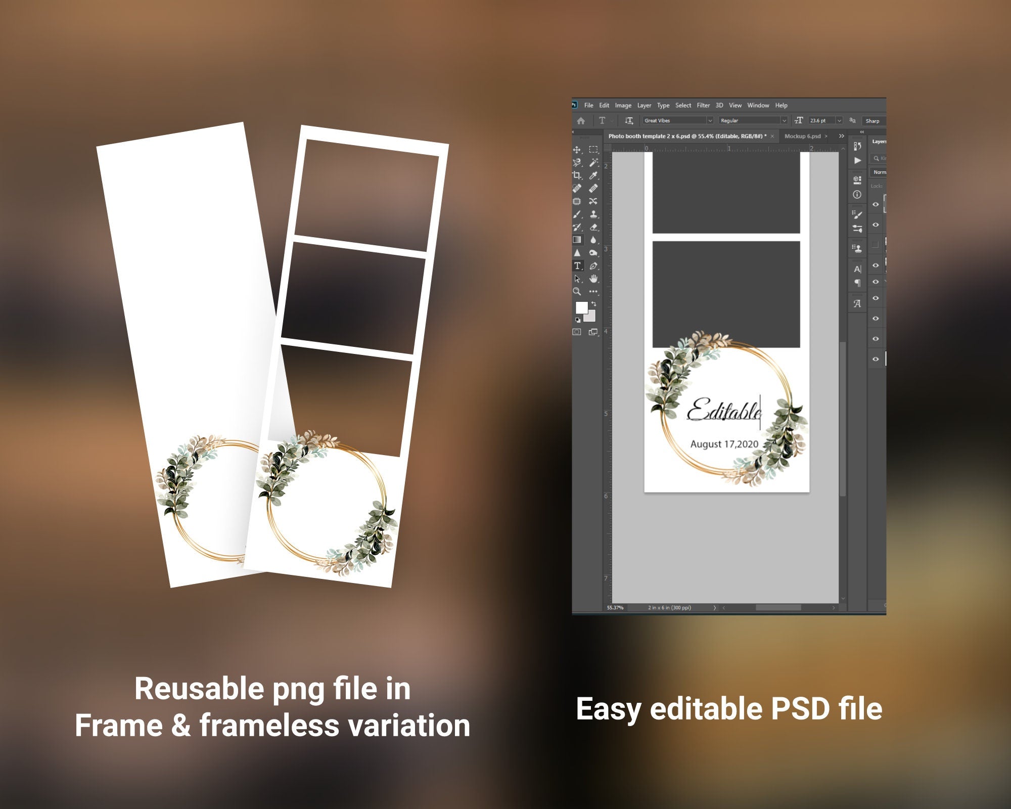 Wedding Bridal Shower Sweet 16 Floral greenery Anniversary Photo Booth Template 2x6 Photobooth Template with XBDR Booth File and Font