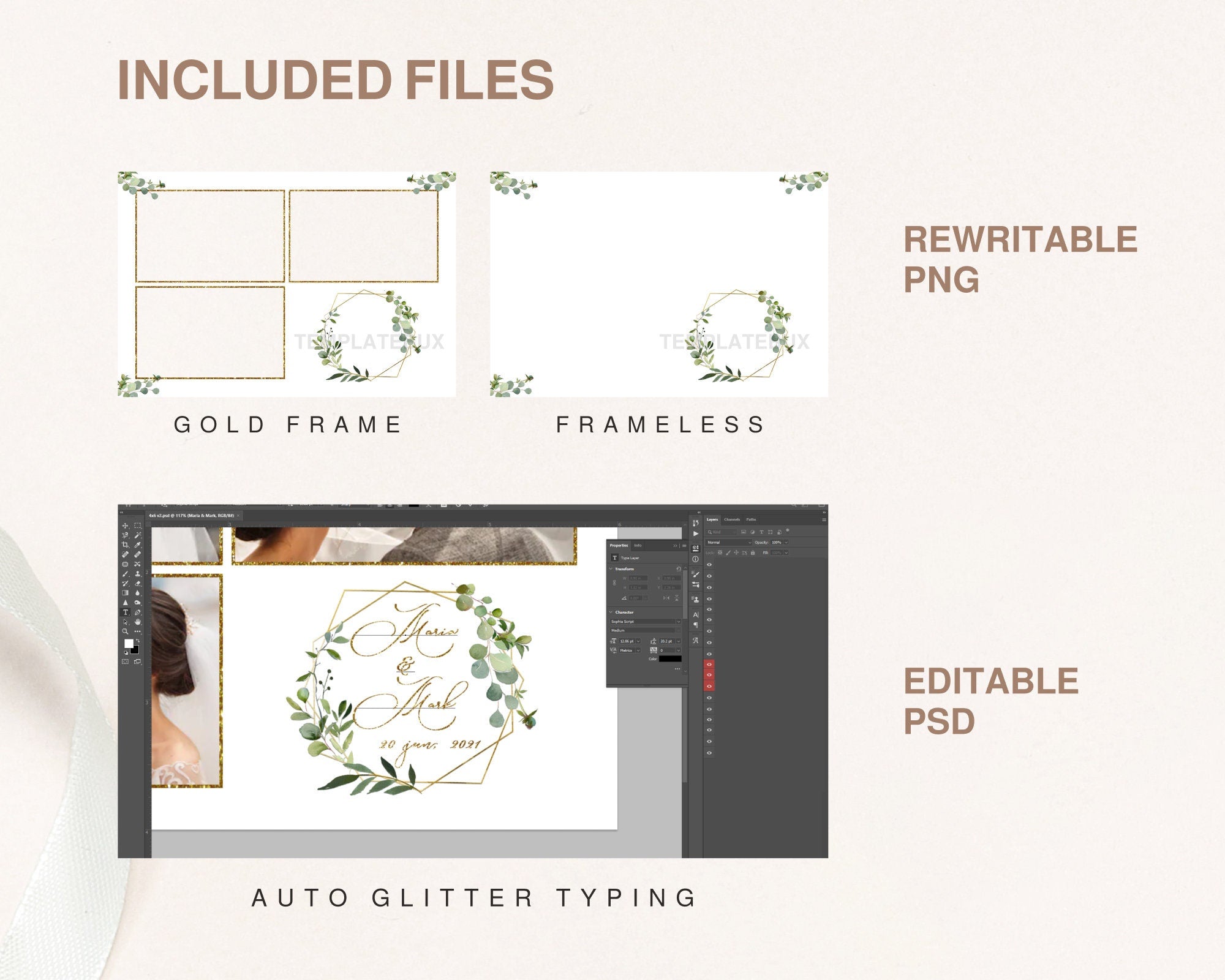 Greenery with Golden Accent Wedding Photo Booth Template Photobooth Template anniversary with text personalization