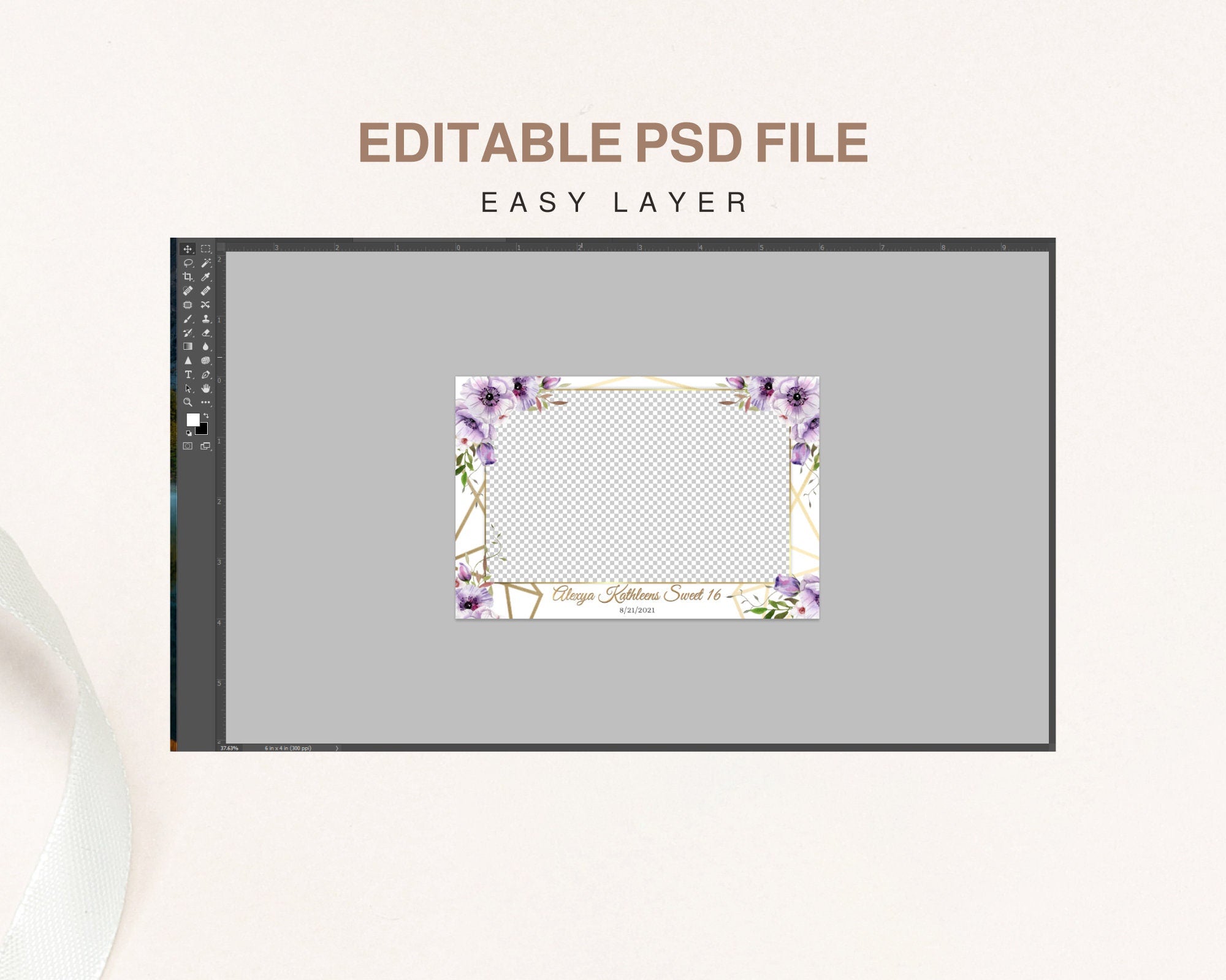 Wedding Photobooth Template, Purple Floral bridal shower, 4x6 Photo booth Template, Sweet Sixteen, Sweet 16 600