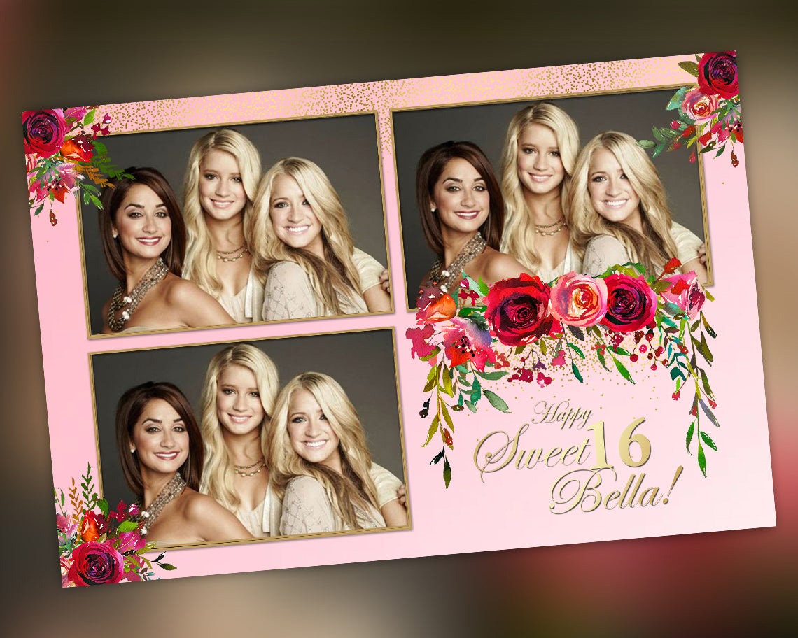 Photobooth Template Floral Bridal Wedding Quinceanera Sweet Sixteen 16 Birthday Photo Booth Template 4x6 Pink Gold