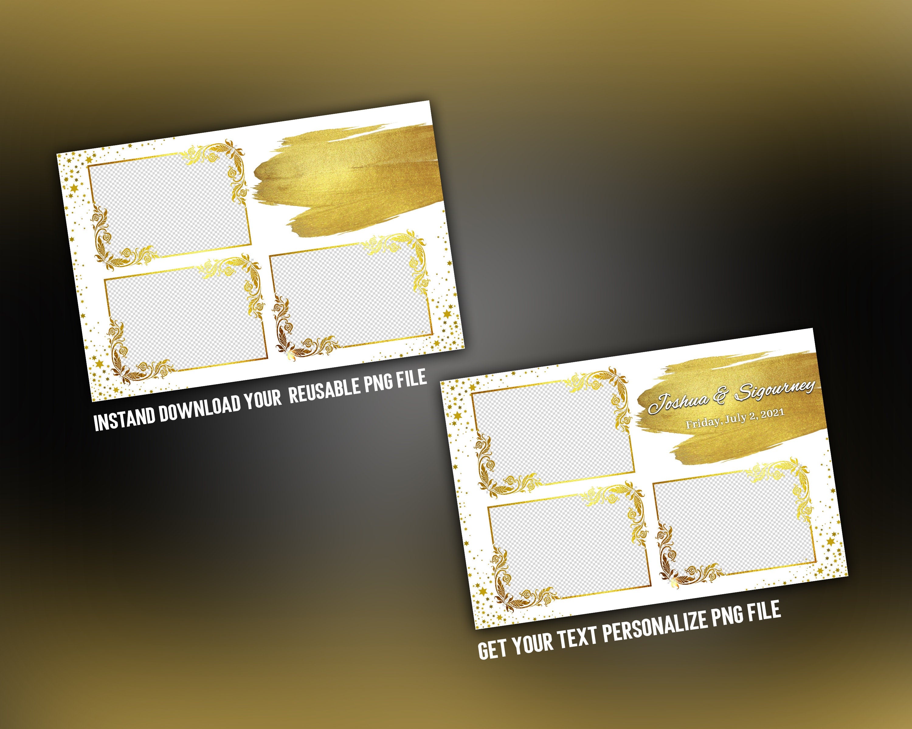 Photo Booth Template for Wedding, Gold Photobooth Template 4x6 inch 3 photos included font
