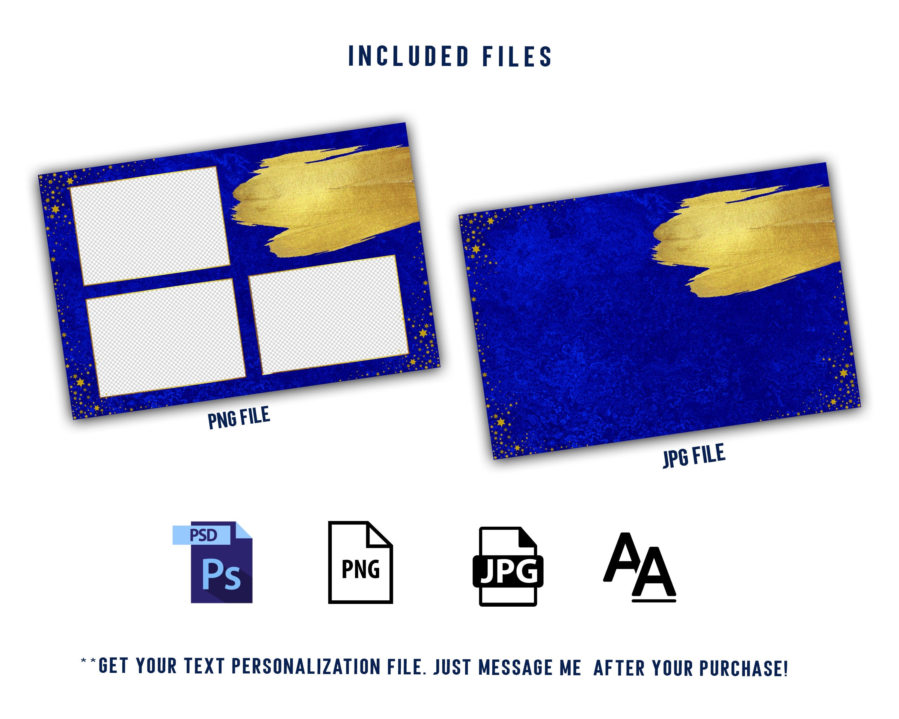 Photo Booth Template for Wedding, Blue Gold Photobooth Template 4x6 inch 3 photos included font