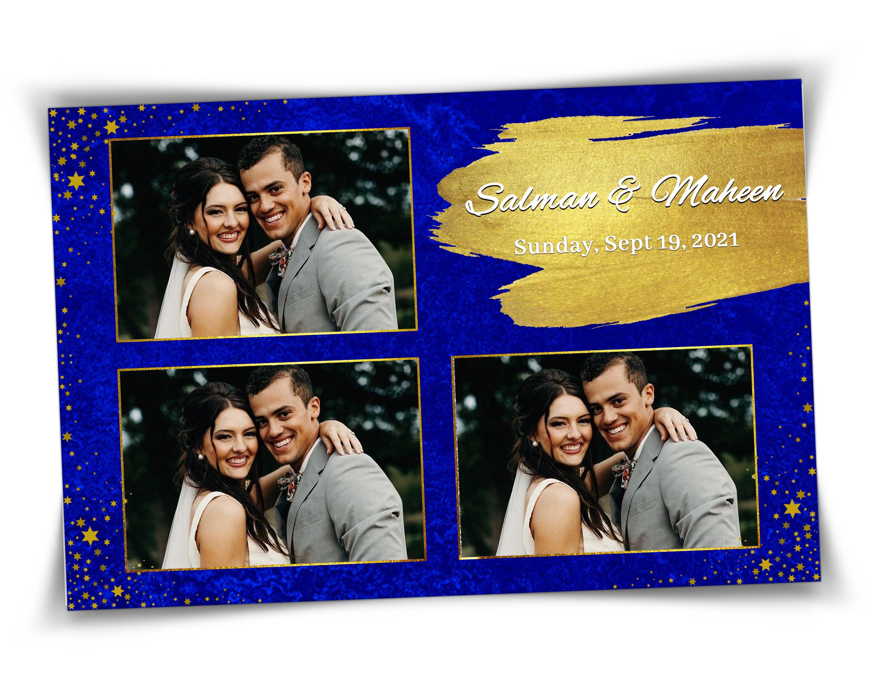 Photo Booth Template for Wedding, Blue Gold Photobooth Template 4x6 inch 3 photos included font