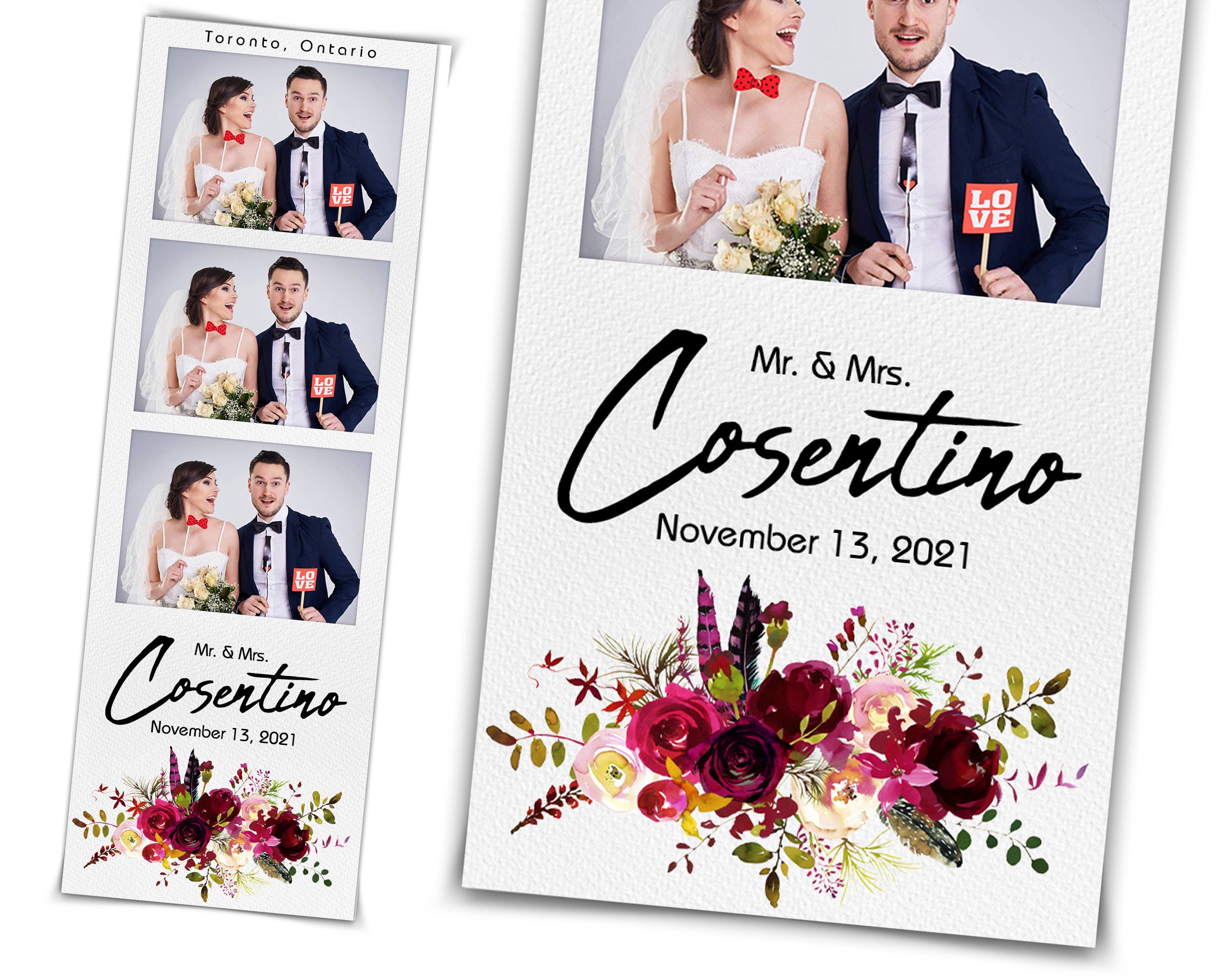 Custom Design Anniversary Photo Booth Template 2x6, Wedding Burgundy Color Flower Floral  Photobooth Template with Font Name