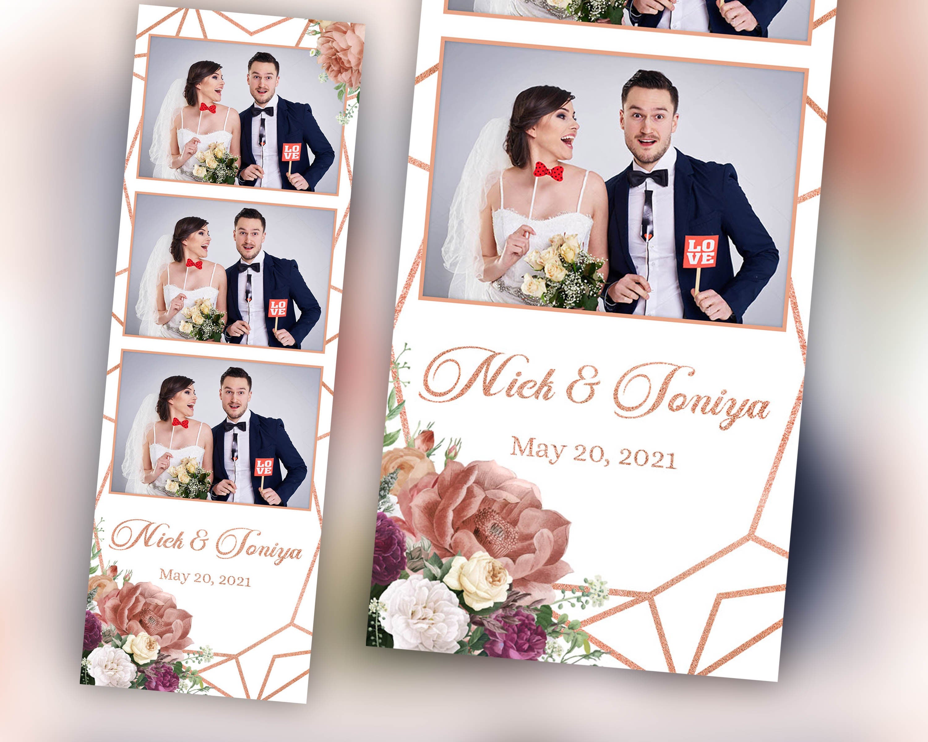 Wedding Photobooth Template Burgundy, Peach, rose gold, Floral Photo booth Template Sweet Sixteen 16 Bridal Shower 2x6 stripe