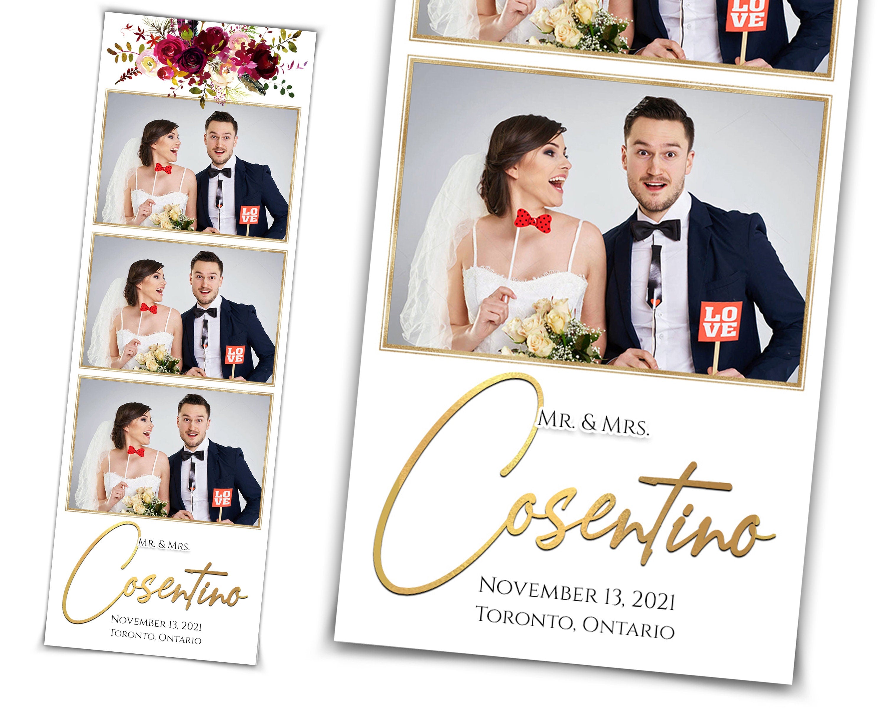 Wedding Photobooth Template, Burgundy Gold Photo Booth Template 2x6 Stripe 3 photo
