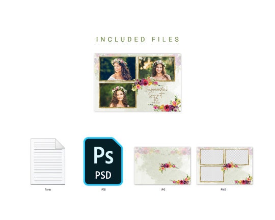 Photobooth Template Sweet 16 Birthday Quinceanera Sweet Sixteen Birthday Photo Booth Template photo 4x6 Bday with flowers and Font