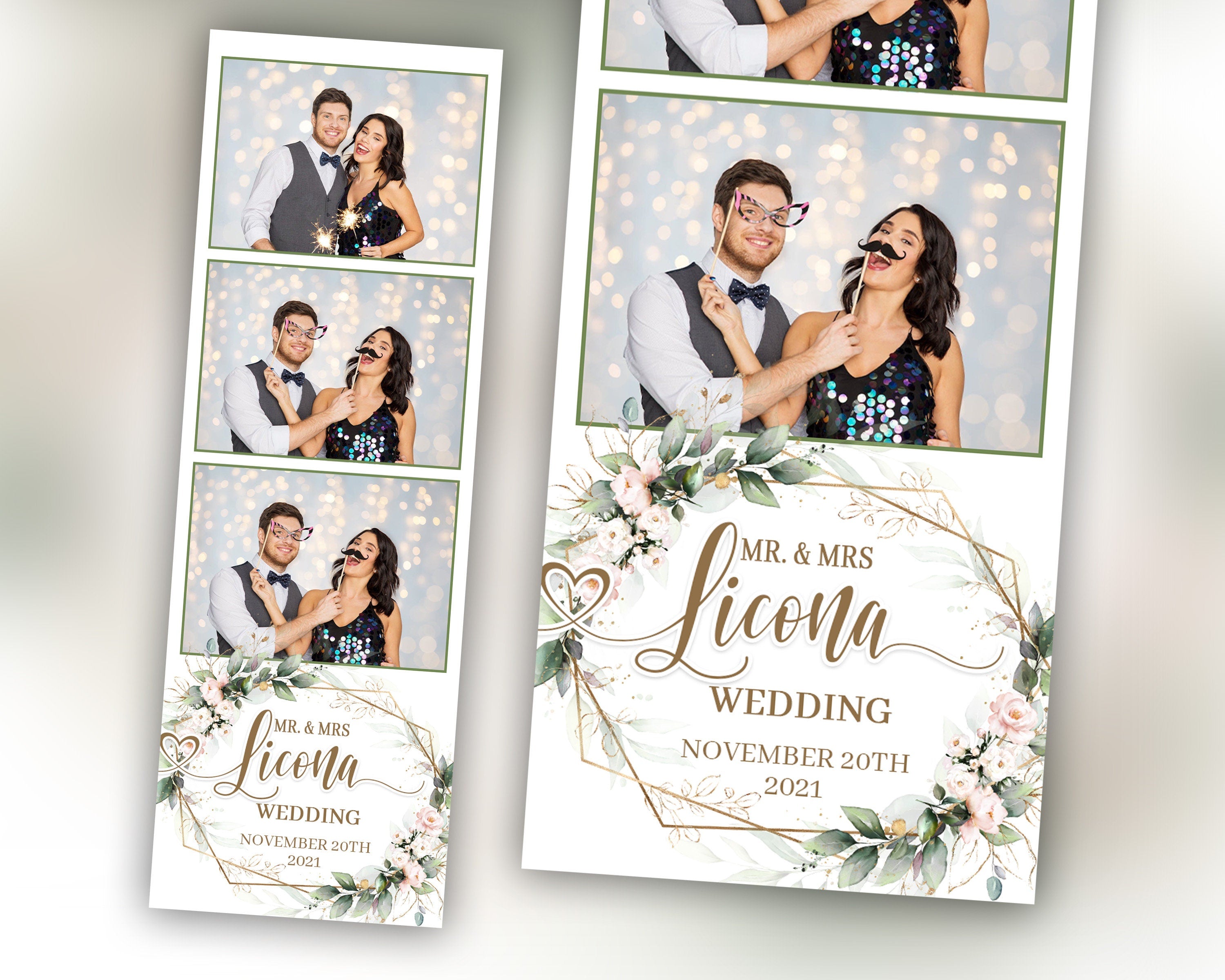 Wedding Photobooth template 2x6 strip with Floral blush pink flowers and greenery with gold lines anniversary photo booth template TB683