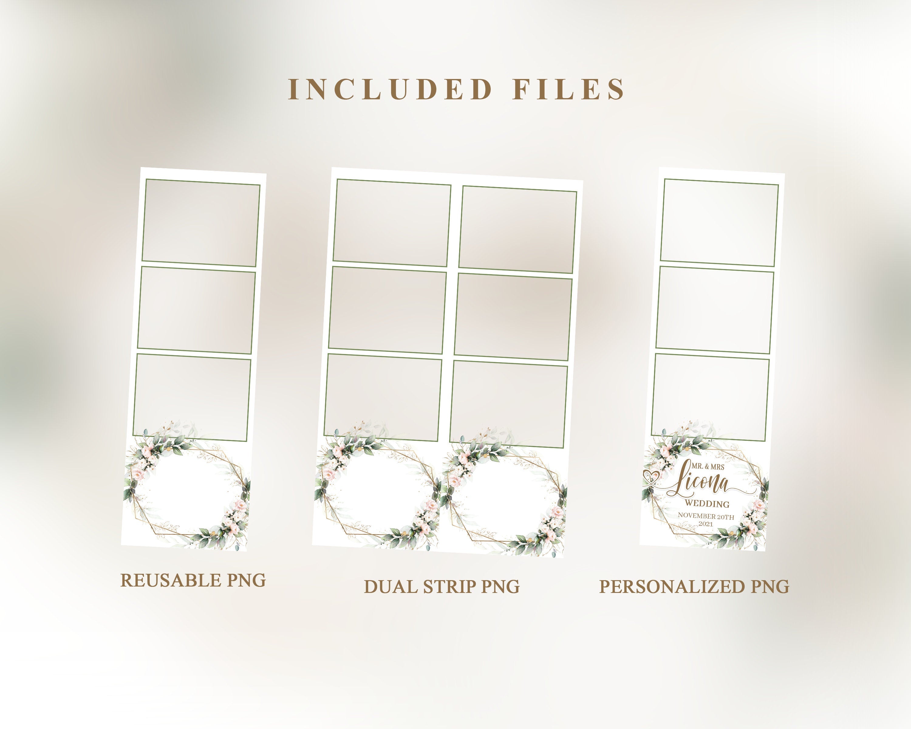 Wedding Photobooth template 2x6 strip with Floral blush pink flowers and greenery with gold lines anniversary photo booth template TB683