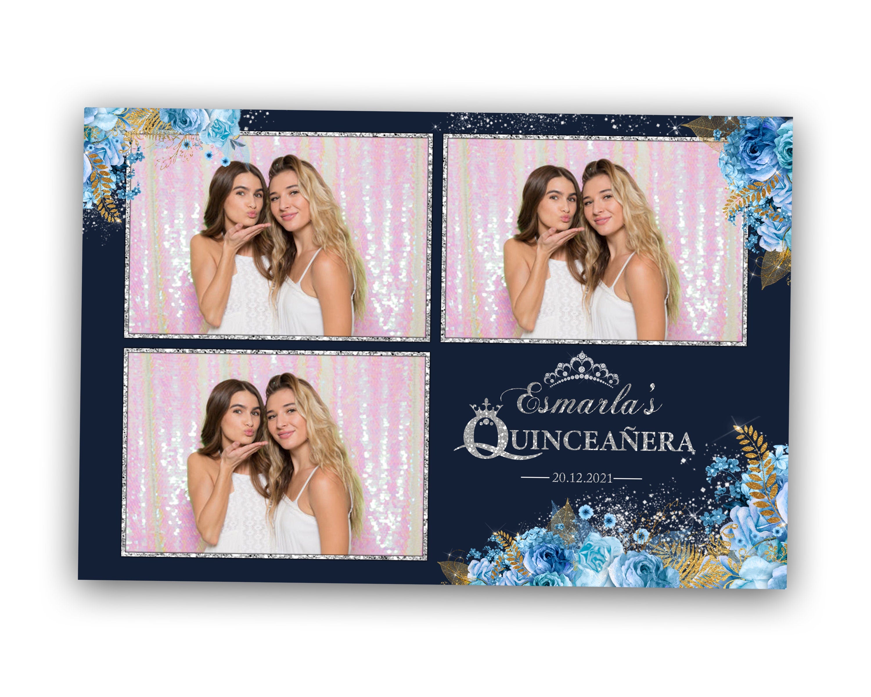 Quinceanera Sweet 16 photo booth template 4x6 silver and gold postcard royal blue and Photobooth