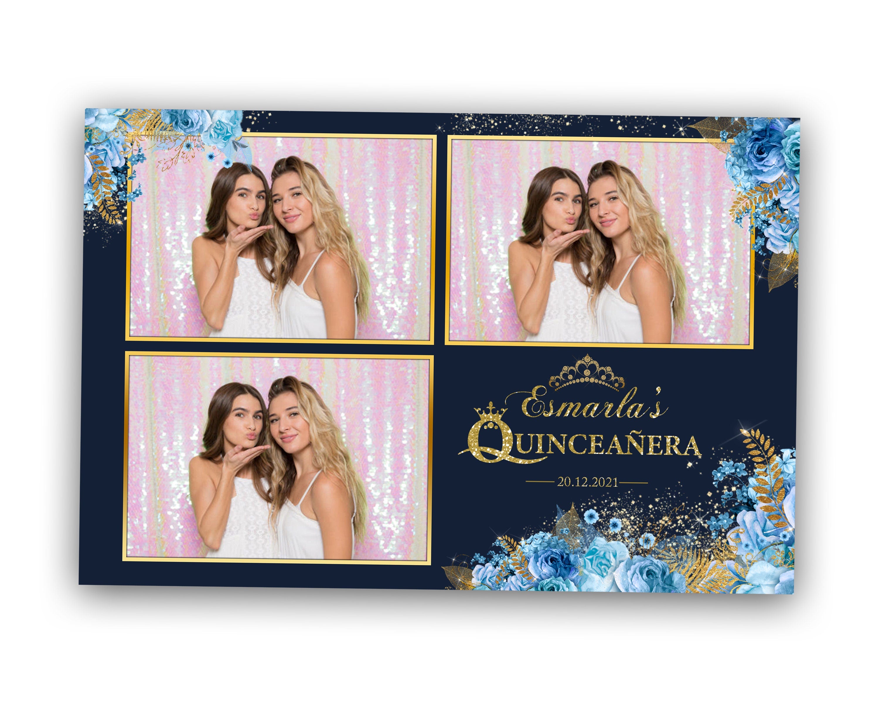 Quinceanera Sweet 16 photo booth template 4x6 silver and gold postcard royal blue and Photobooth