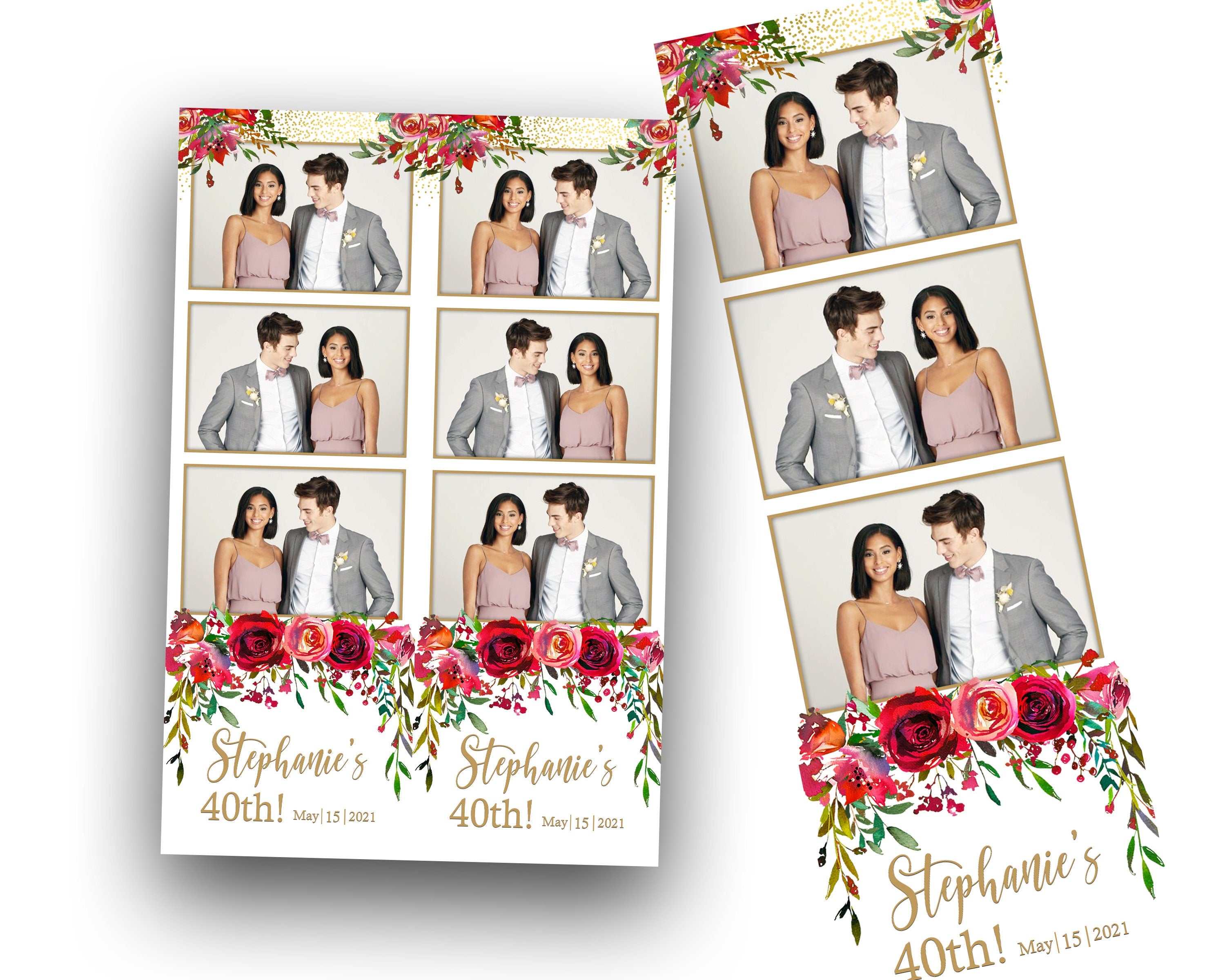 Floral Bridal Wedding Quinceanera Sweet Sixteen 16 Photobooth Template photo booth 2x6 protrait Black Rose Red Pink