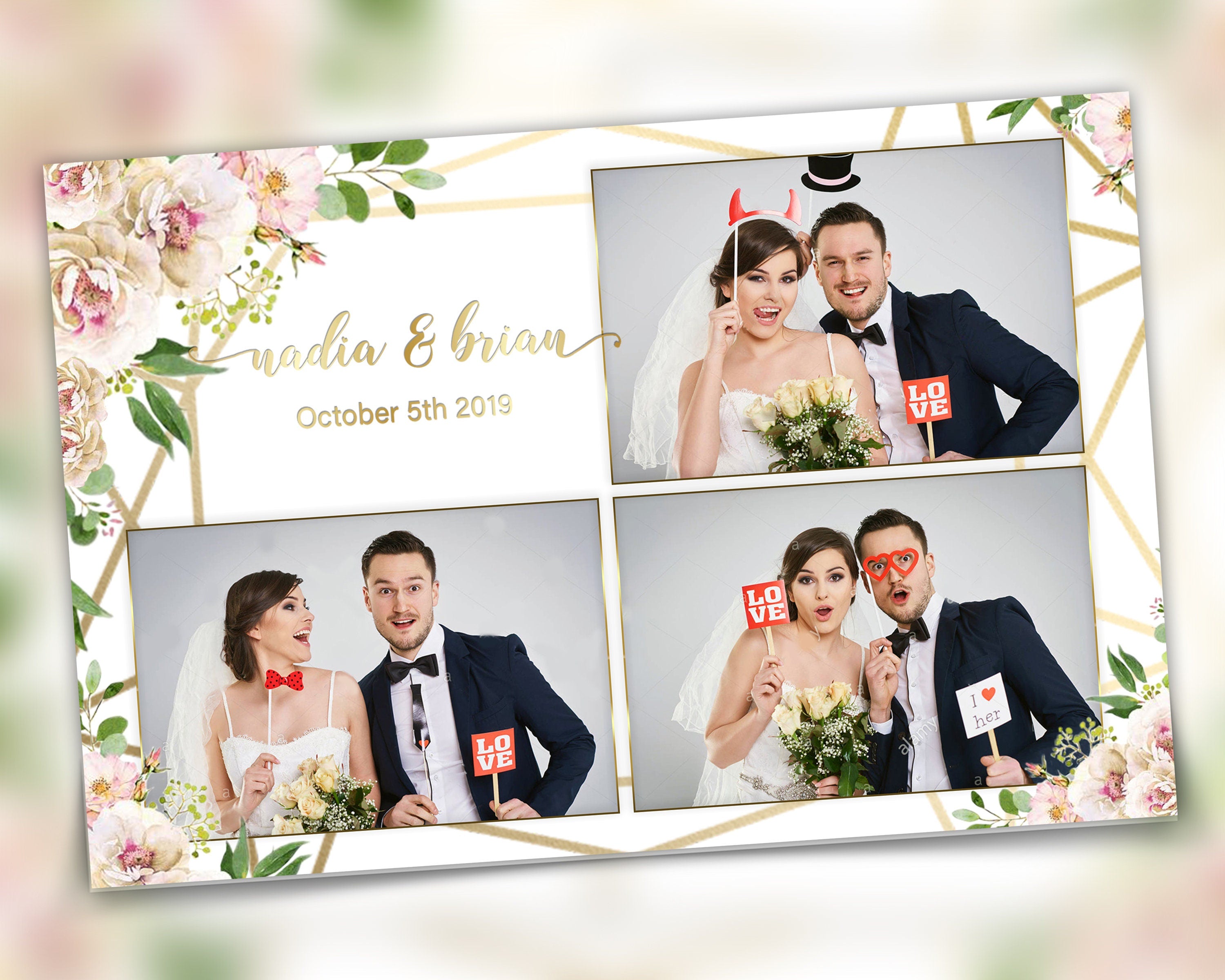 Wedding Photobooth Template, 4x6 Floral Photo booth Template, Bridal Shower Photo booth Template Light Pink, Greenery, Gold