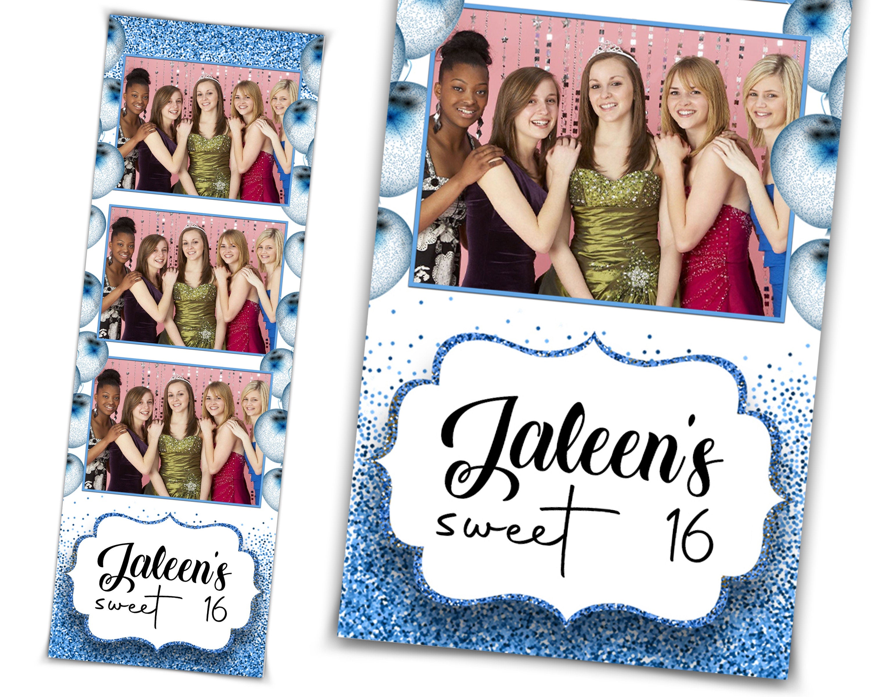 SWEET 16 Photo booth Template, Blue Glitter Photobooth Template, 2x6 Photo Sweet Sixteen, Sweet 16, Bridal Shower, PSD PNG