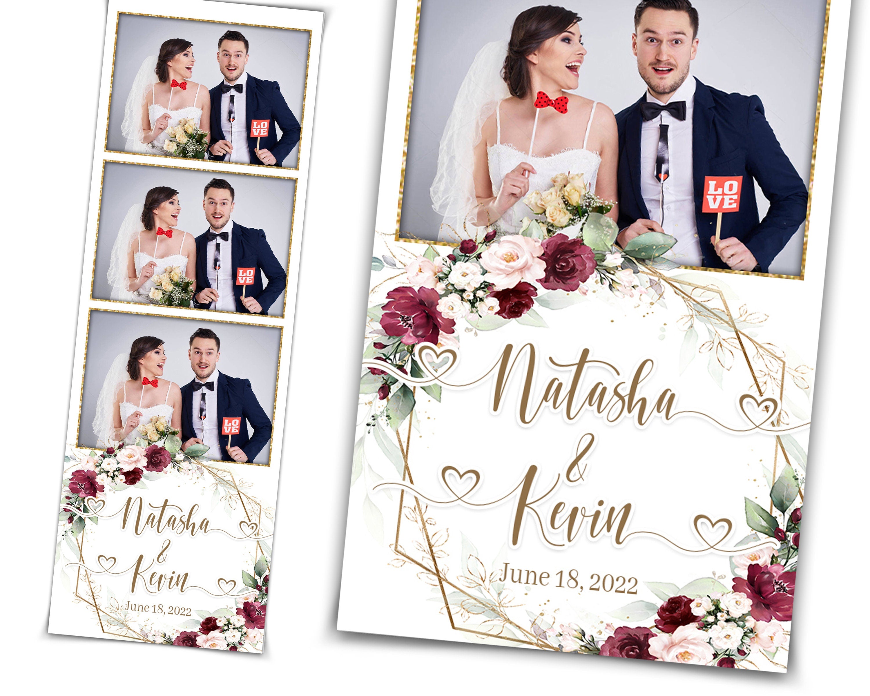 Wedding Photobooth template 2x6 Burgundy and light pink with Floral blush Burgundy flowers dark plum rose  greenery photo booth template