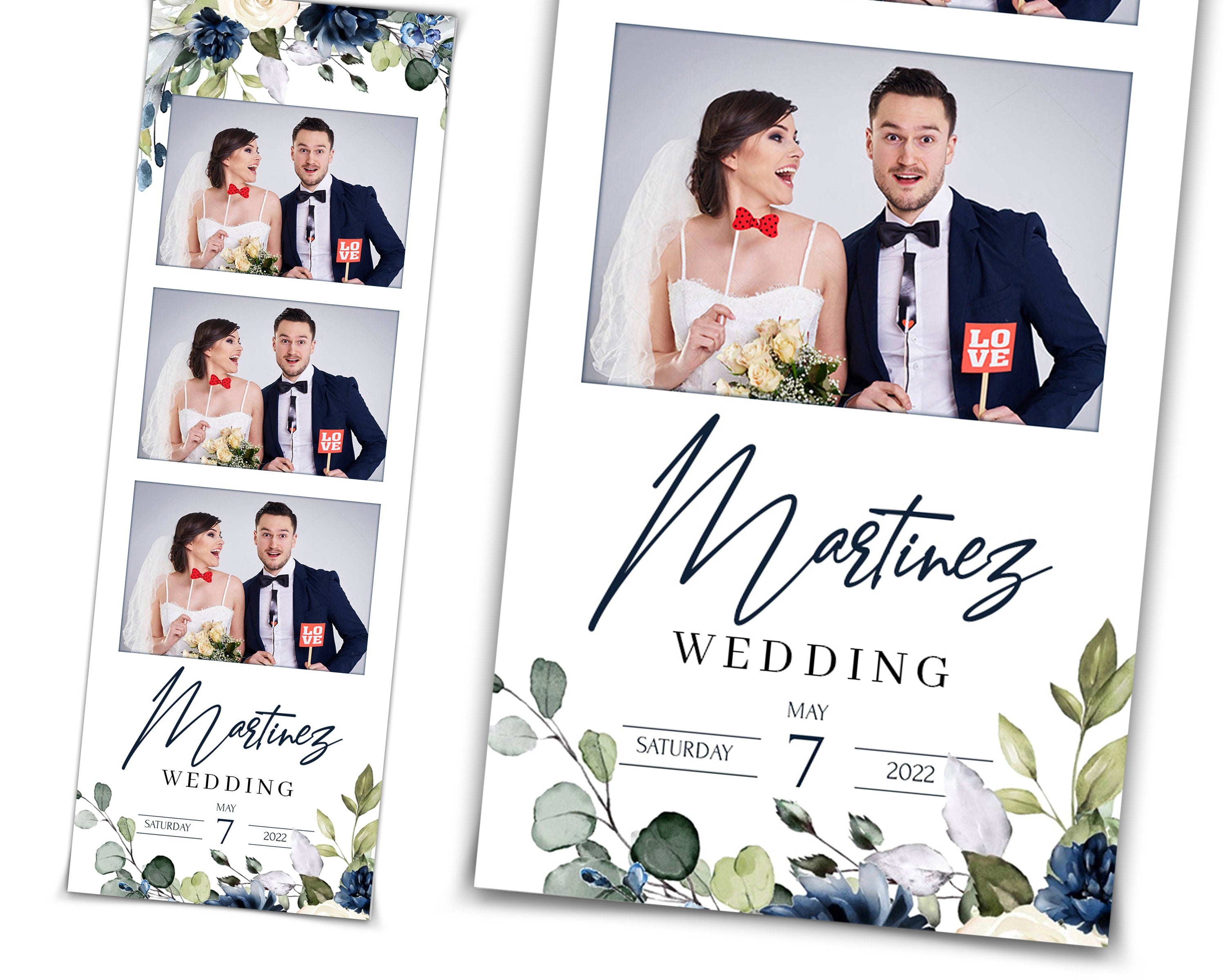 Wedding Photobooth Template, Bridal Shower Photo Booth 2x6 Strip, Blue Flower and Greenery Anniversary Overlay, SKU 724