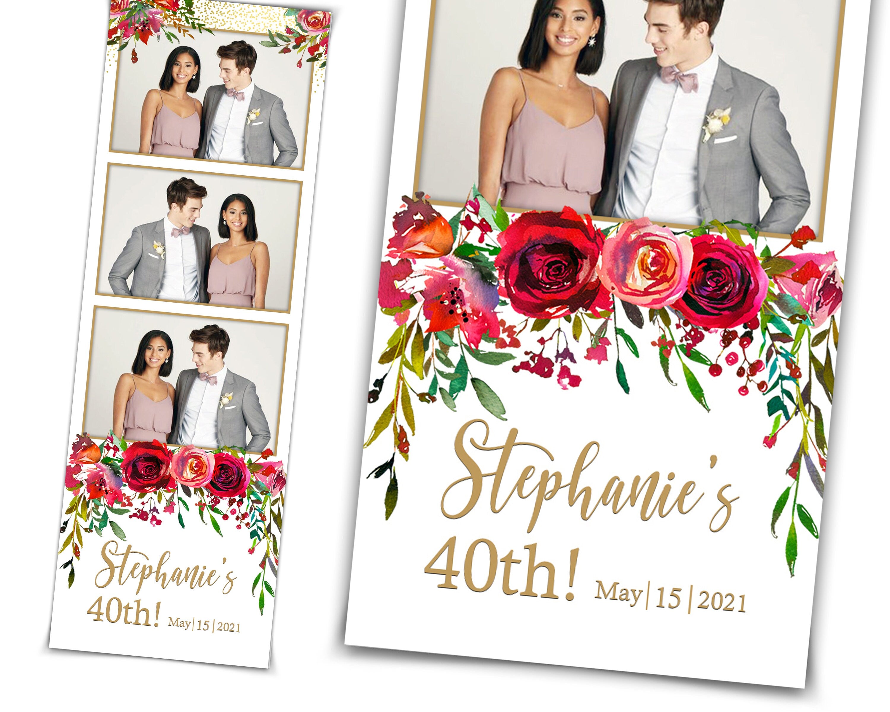 Floral Bridal Wedding Quinceanera Sweet Sixteen 16 Photobooth Template photo booth 2x6 protrait Black Rose Red Pink