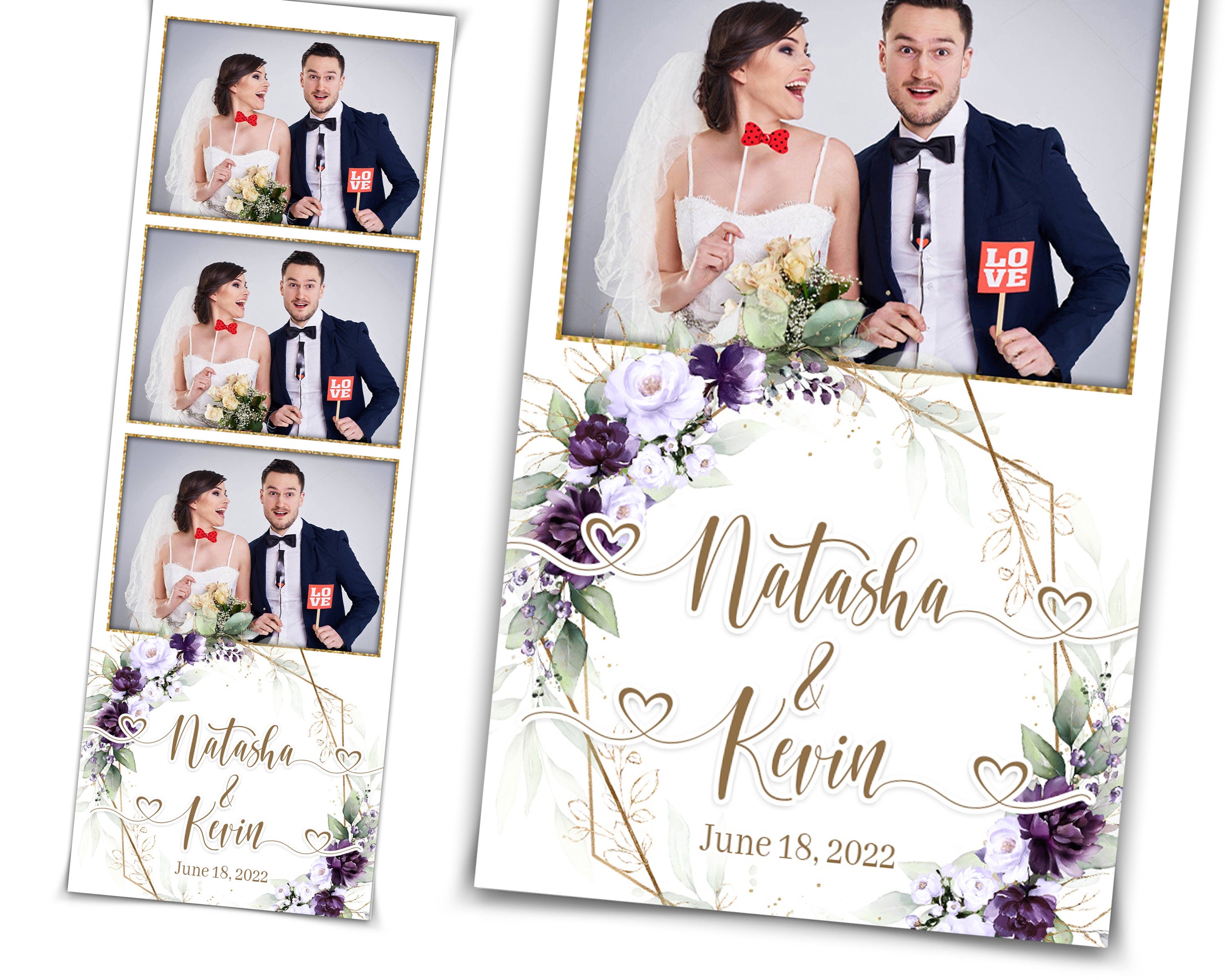 Purple Wedding Photobooth template 2x6 strip with Floral blush flowers purple rose and greenery photo booth template