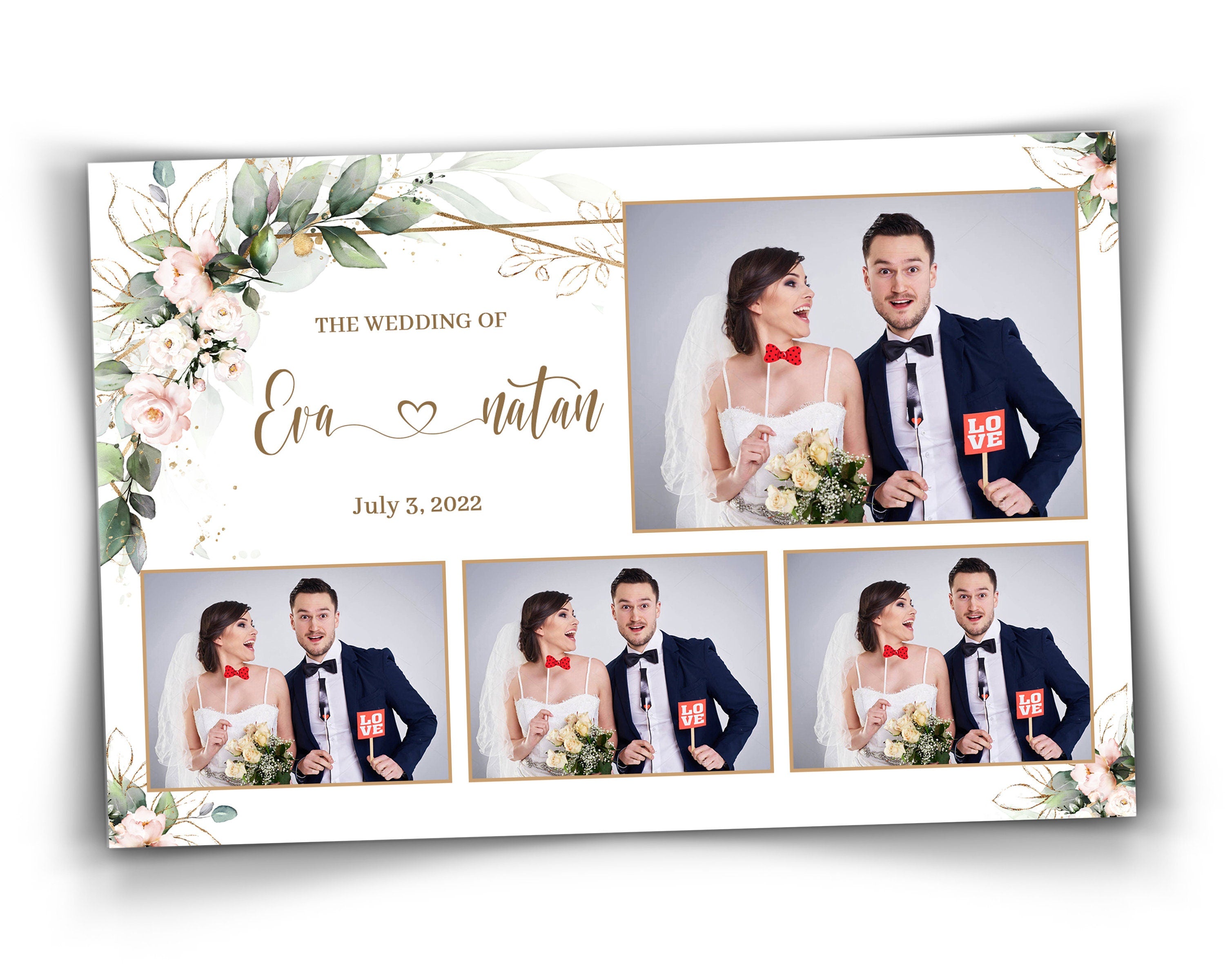 Wedding Photobooth template 4x6 with Floral blush flowers and greenery 4 photos photo booth template TB683