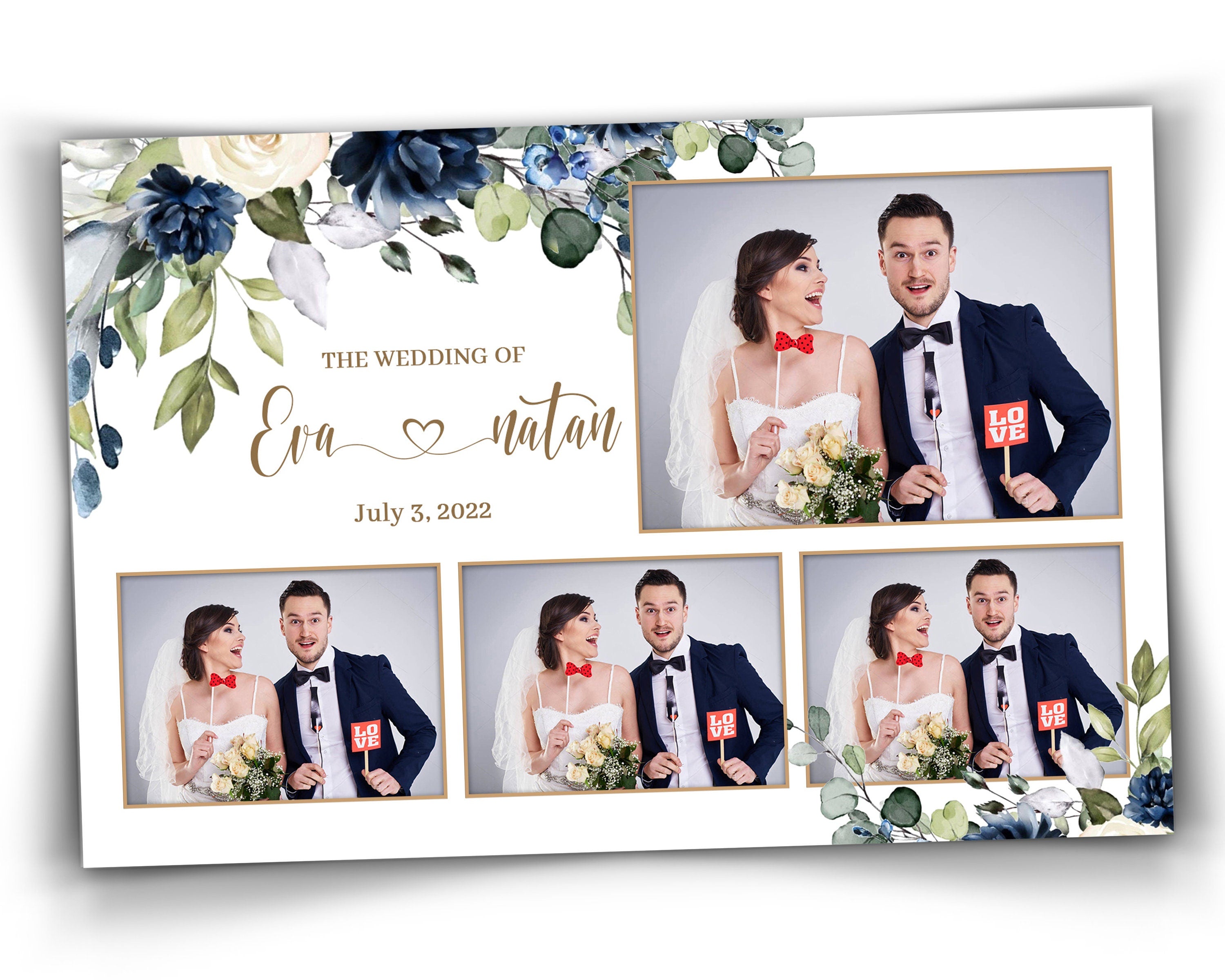 Wedding Bridal Shower Photobooth template 4x6 strip with Floral blush Blue flowers rose and greenery photo booth template