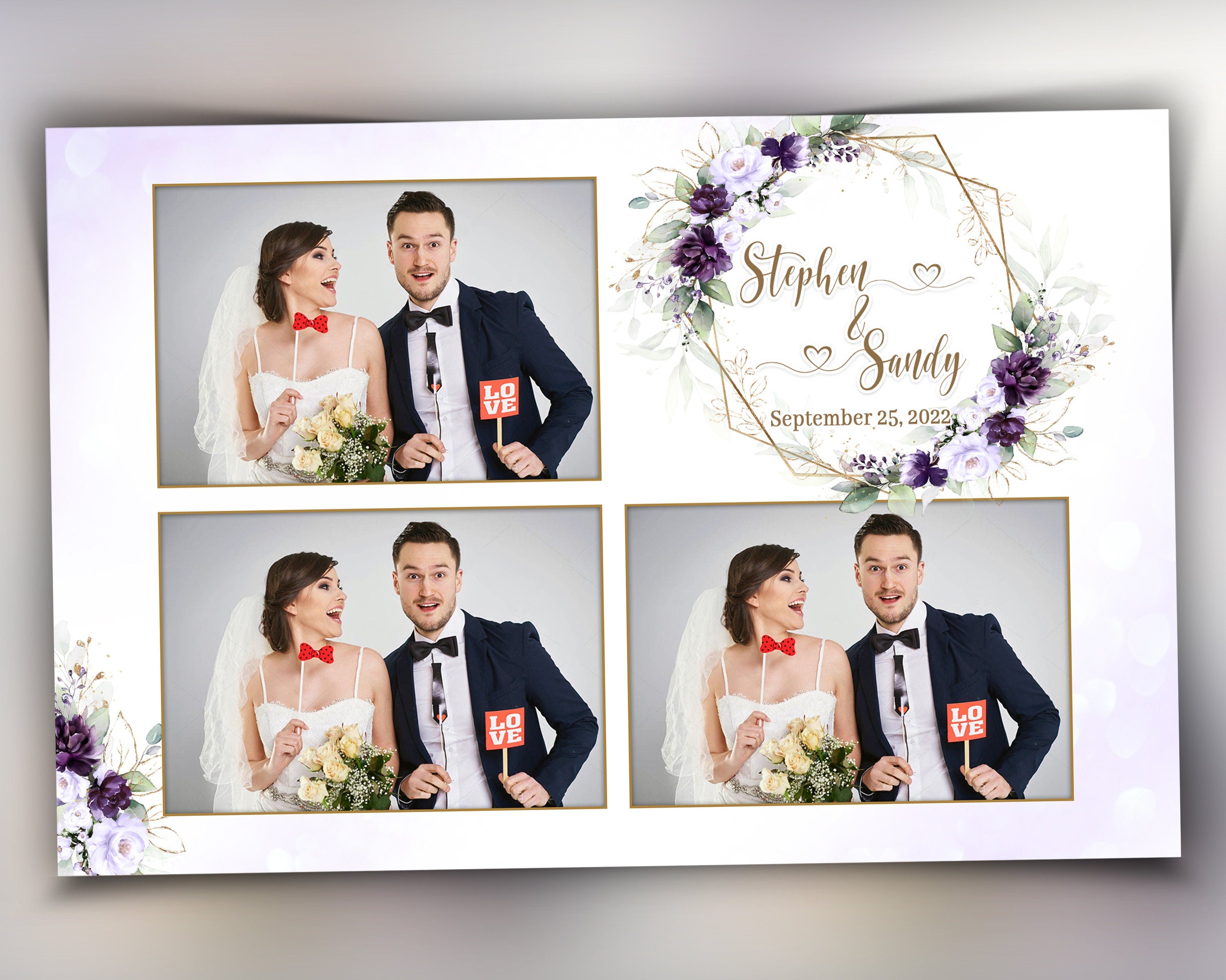Wedding Photobooth template 4x6 strip with Floral blush flowers purple rose and greenery photo booth template