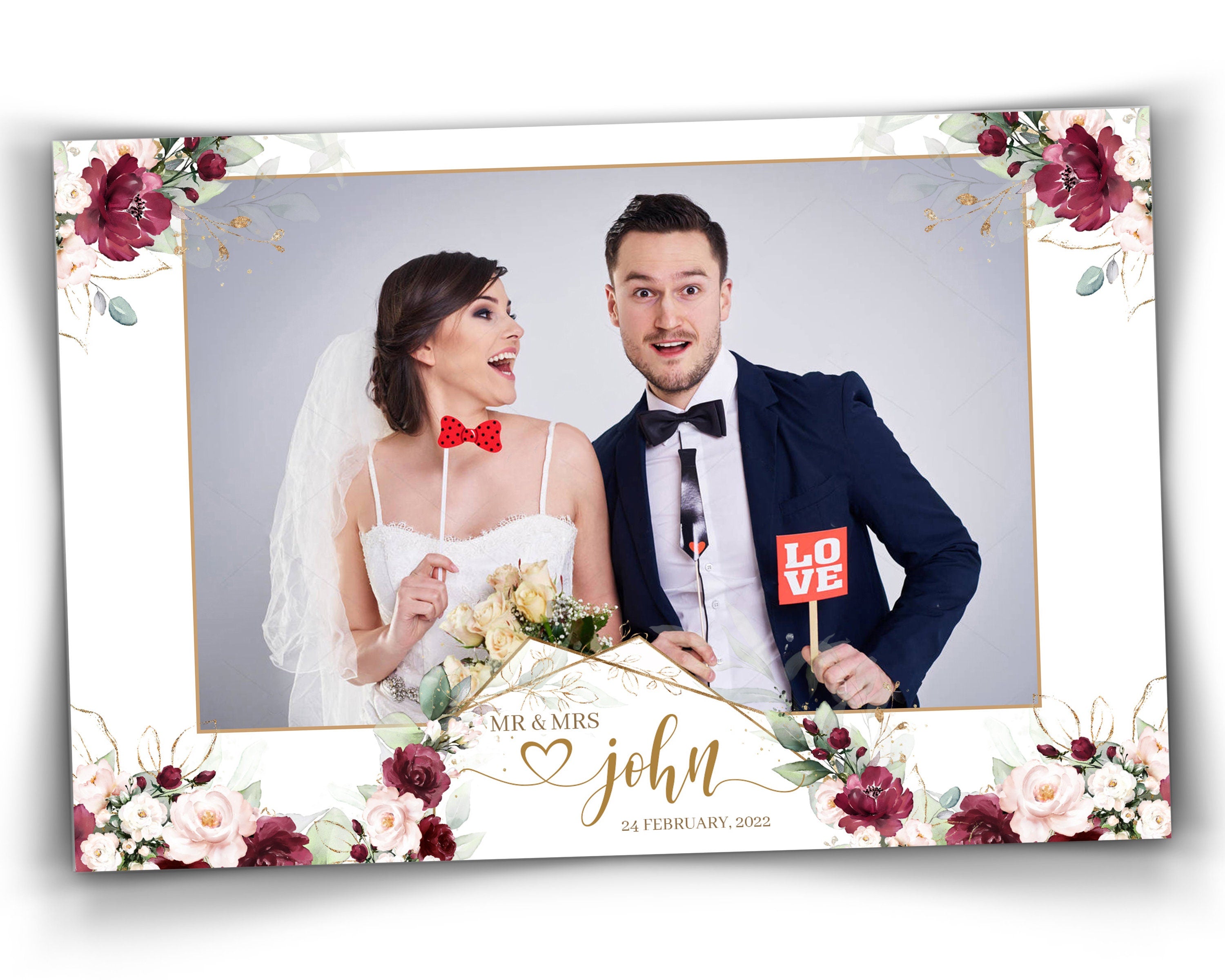 Wedding Photobooth Template, Anniversary Photo Booth, Bridal Shower, Maroon Flower, Burgundy Flowers  Landscape Overlay Frame, 703