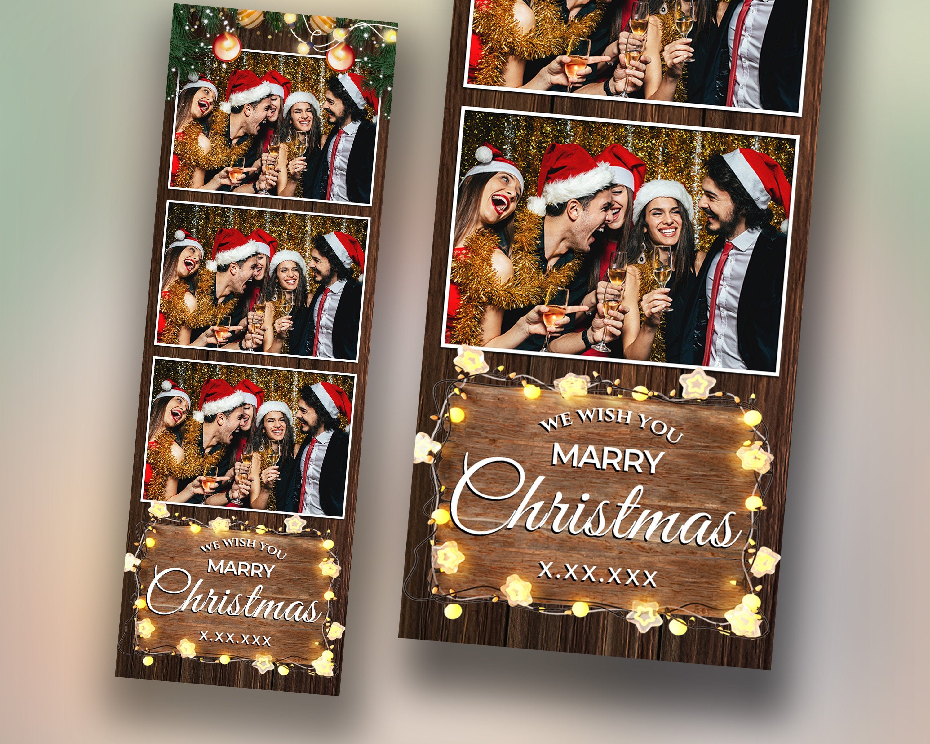 Christmas Photobooth Template 2024 Happy Holidays New Year Wooden and Greenery with Lights 2x6 Strip 3 Photo Xmas Photo booth Template CM4