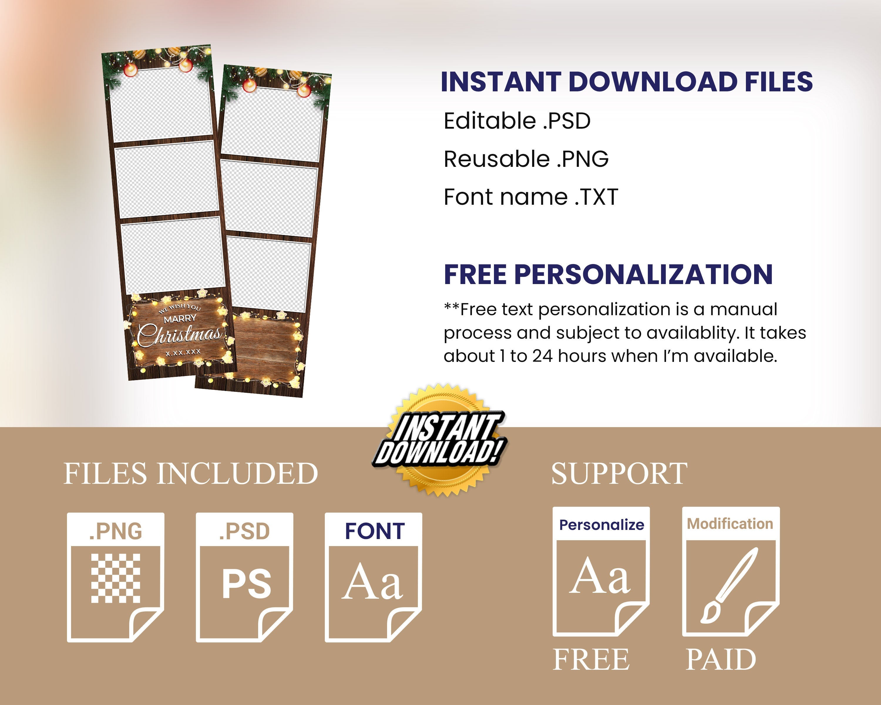 Christmas Photobooth Template 2024 Happy Holidays New Year Wooden and Greenery with Lights 2x6 Strip 3 Photo Xmas Photo booth Template CM4