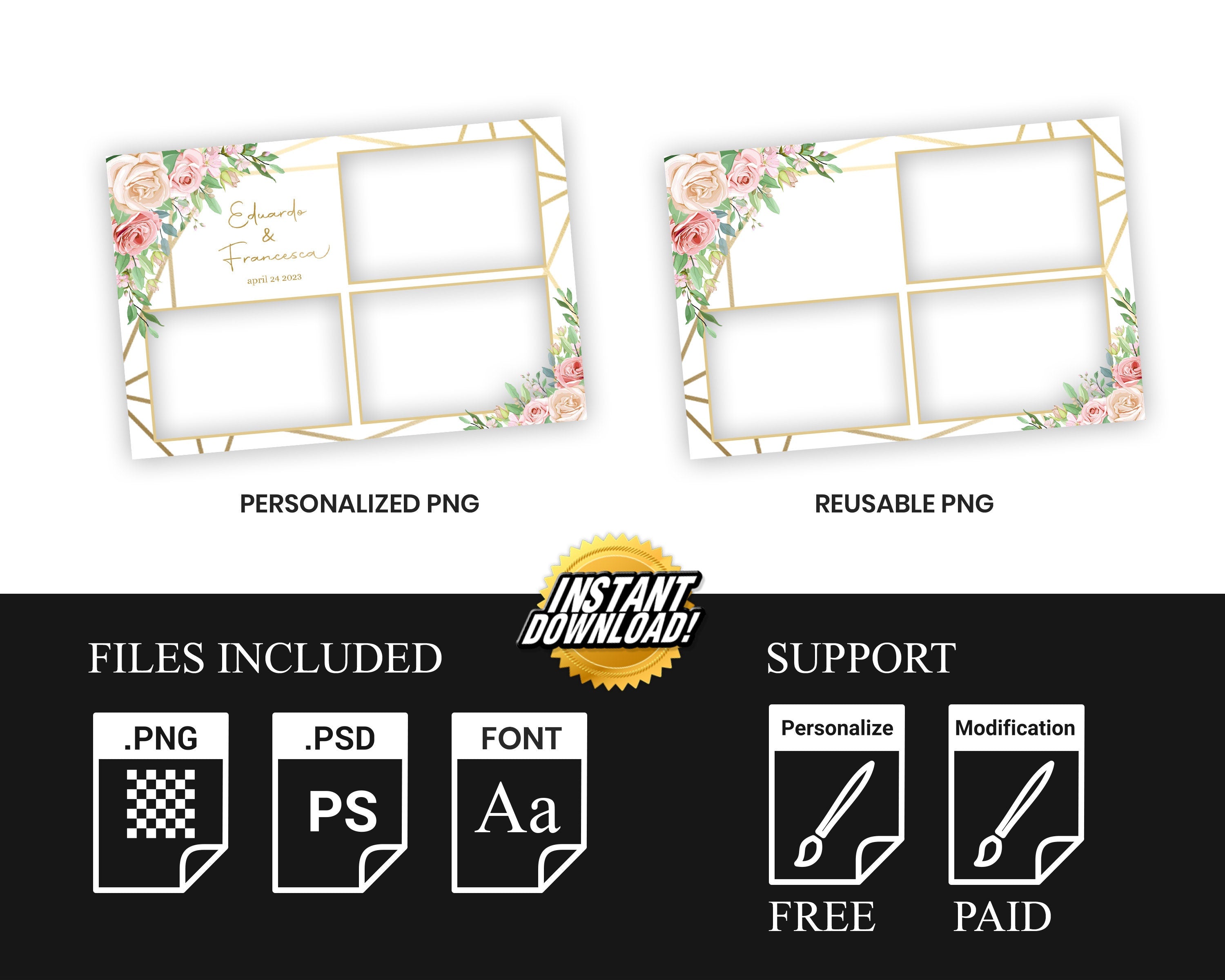 Wedding Photobooth template 4x6 with Floral blush flowers and greenery postcard photo booth template