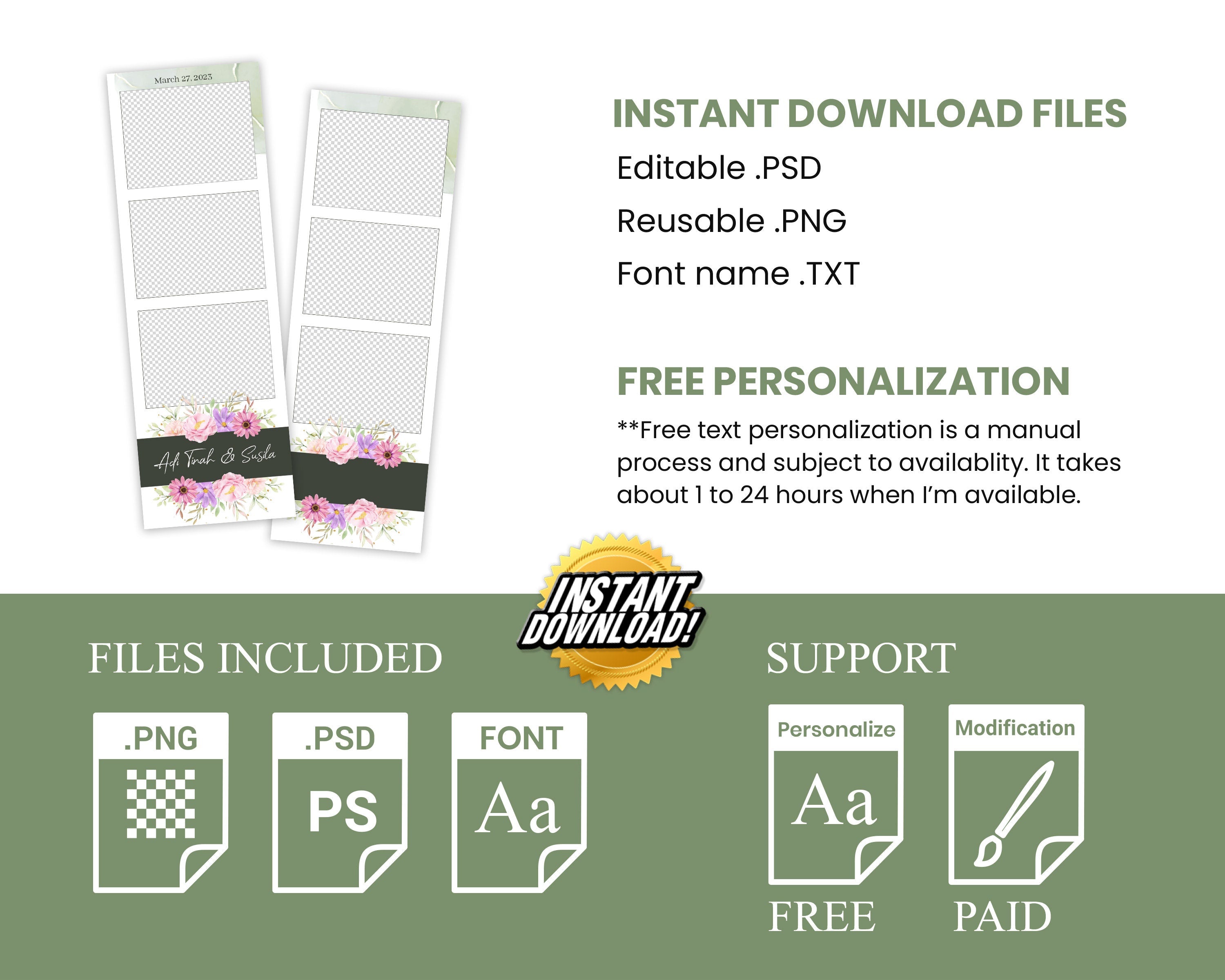 Wedding Photobooth template 2x6 strip with Floral blush flowers light pink rose and greenery photo booth template