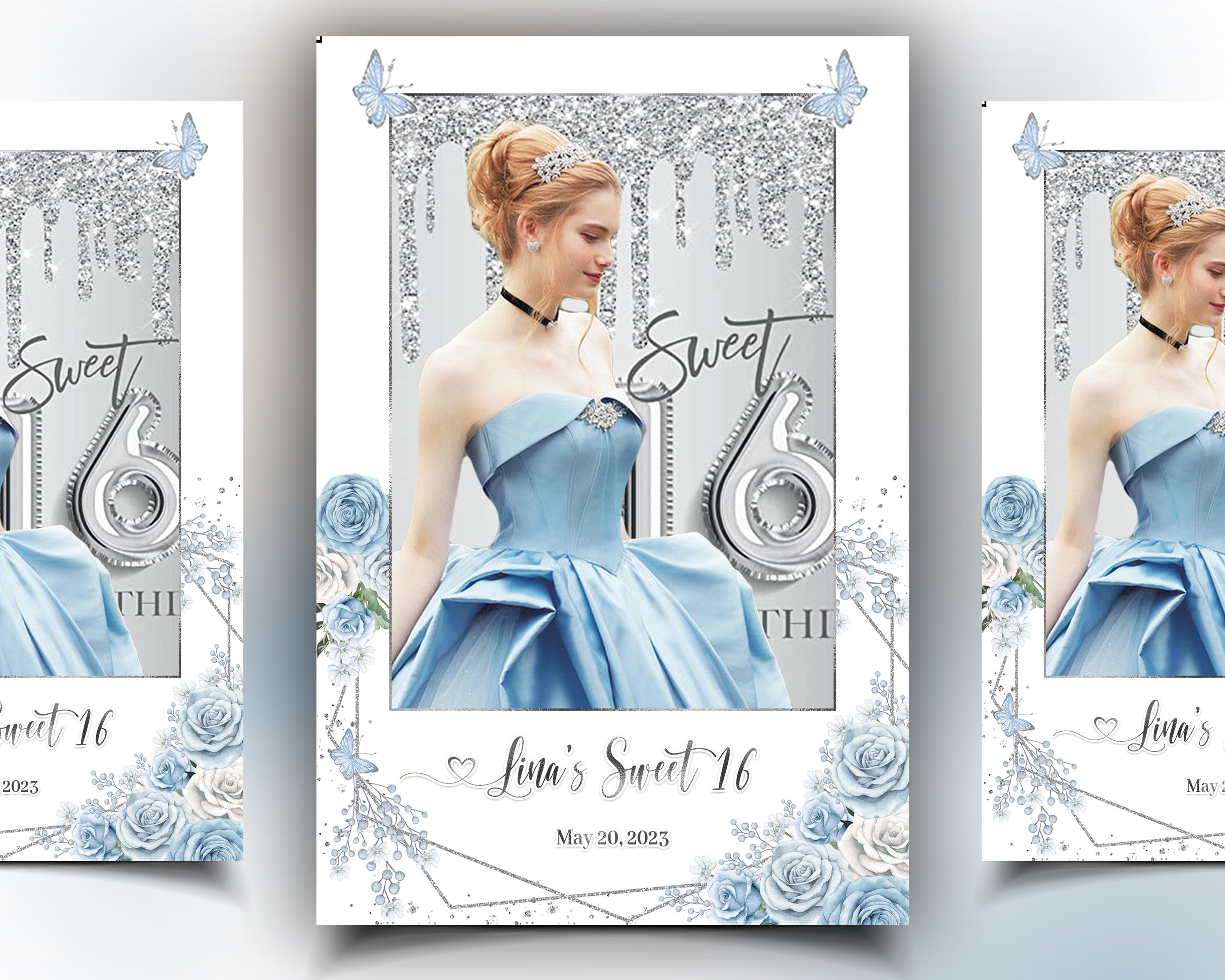 Intro screen- 2048x2732 | Overlay- 2048x3072 | 1200x1800 Template | Blue Silver Floral, Birthday Quinceañera, Sweet 16 Photbooth