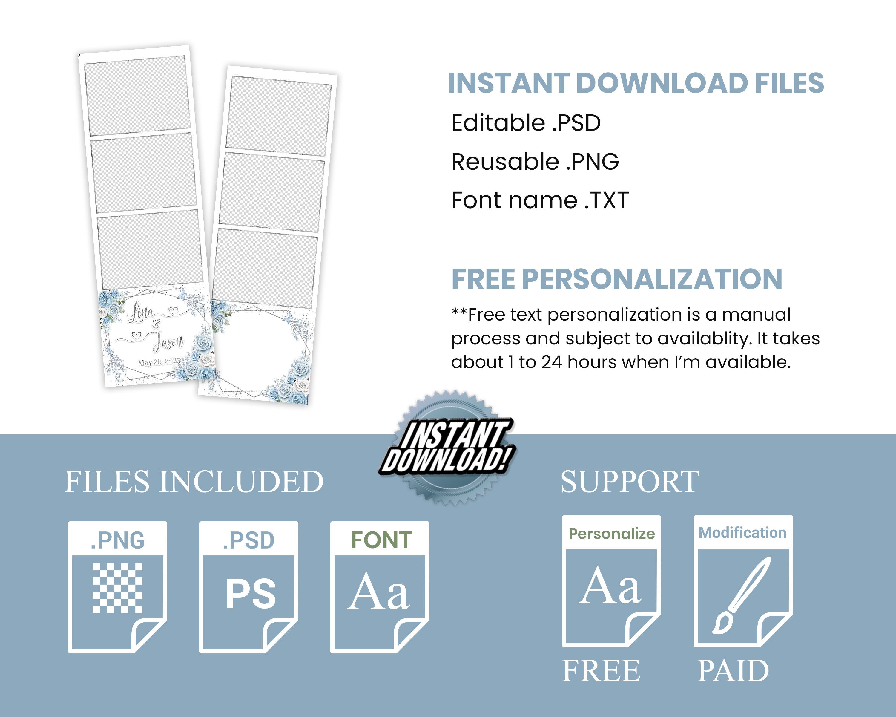Wedding Photobooth template 2x6 strip with Floral blush flowers rose and photo booth template