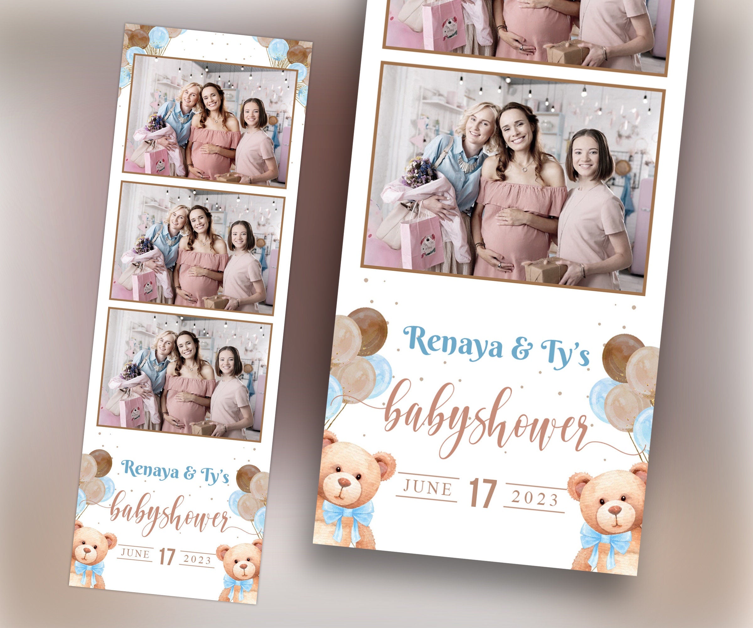 Baby Shower Photo booth Template 2x6 strip Teddy Bear Babyshower it's a boy sky blue brown tan balloon 1st birthday Photobooth Template BS1
