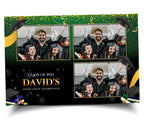 Class Of 2023 Graduation Photobooth template 4x6 green & gold with orange, yellow and glitters 3 photo postcard layout PSD PNG and Font link